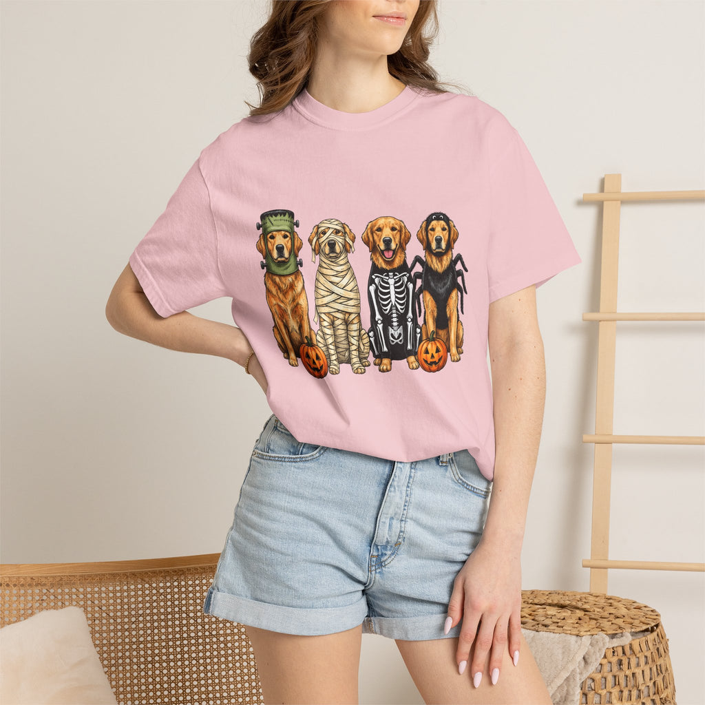 Golden Retriever Puppies Shirt Dog Spooky Gift Women Sketch Tee Puppy T-Shirt Dog Fan Pup Drawing Horror Graphic Retro Jack O Lantern Tshirt