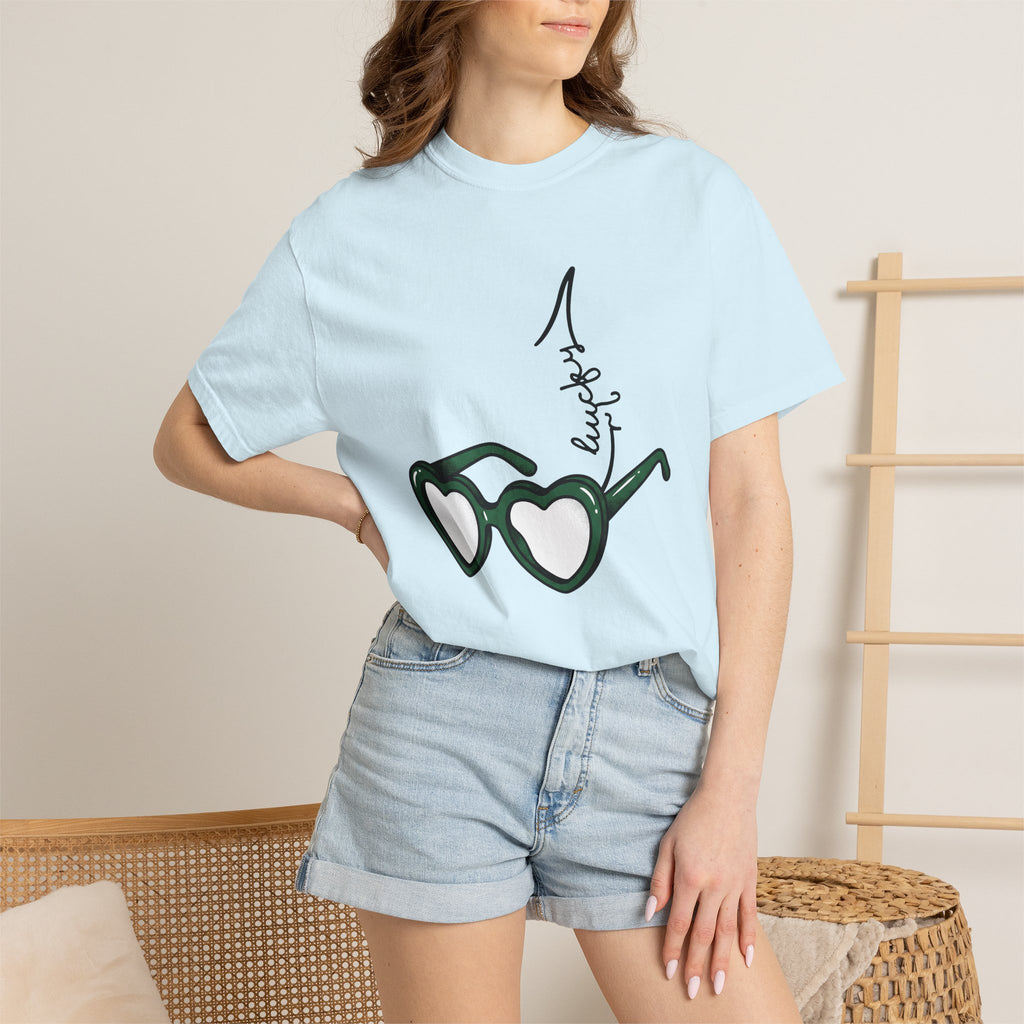Heart Sunglasses Shirt St Patrick's Day Holiday Gift Women Doodle Tee Shades T-Shirt Shamrock Fan Illustrated Tshirt Celebration Graphic