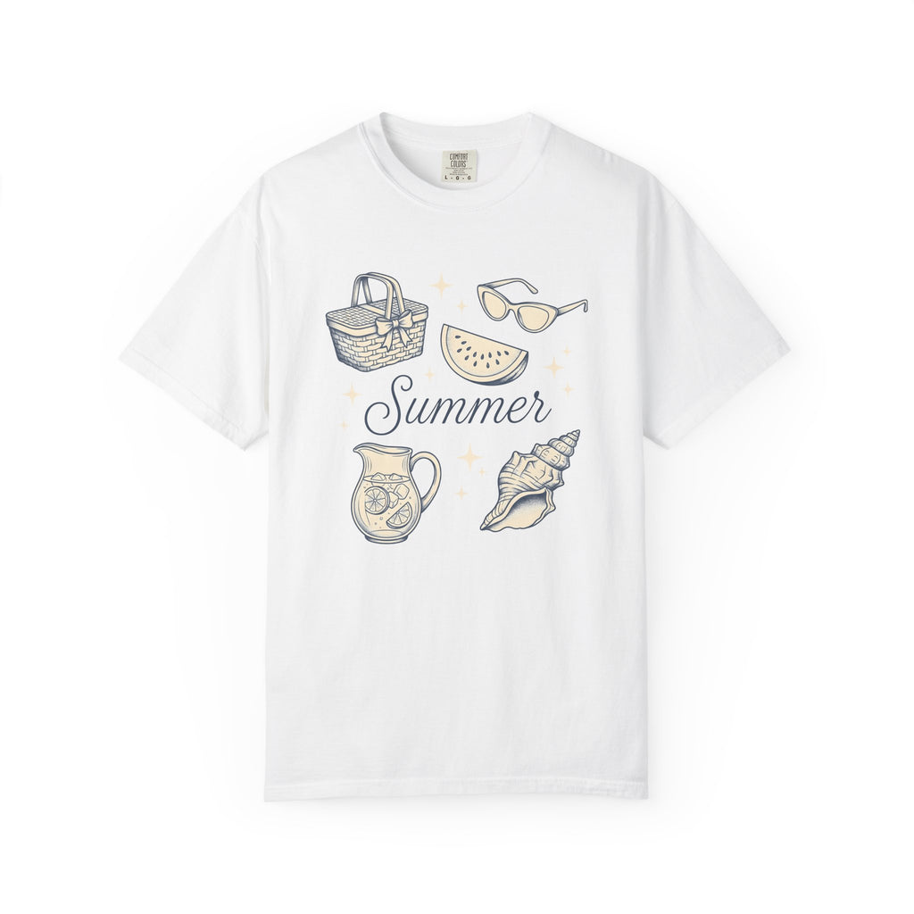 Summer Signs Shirt Summer Getaway Gift Women Hand Drawn Tee Seasonal T-Shirt Summer Fan Illustrated Tshirt Vacation Graphic Cartoon Picnic