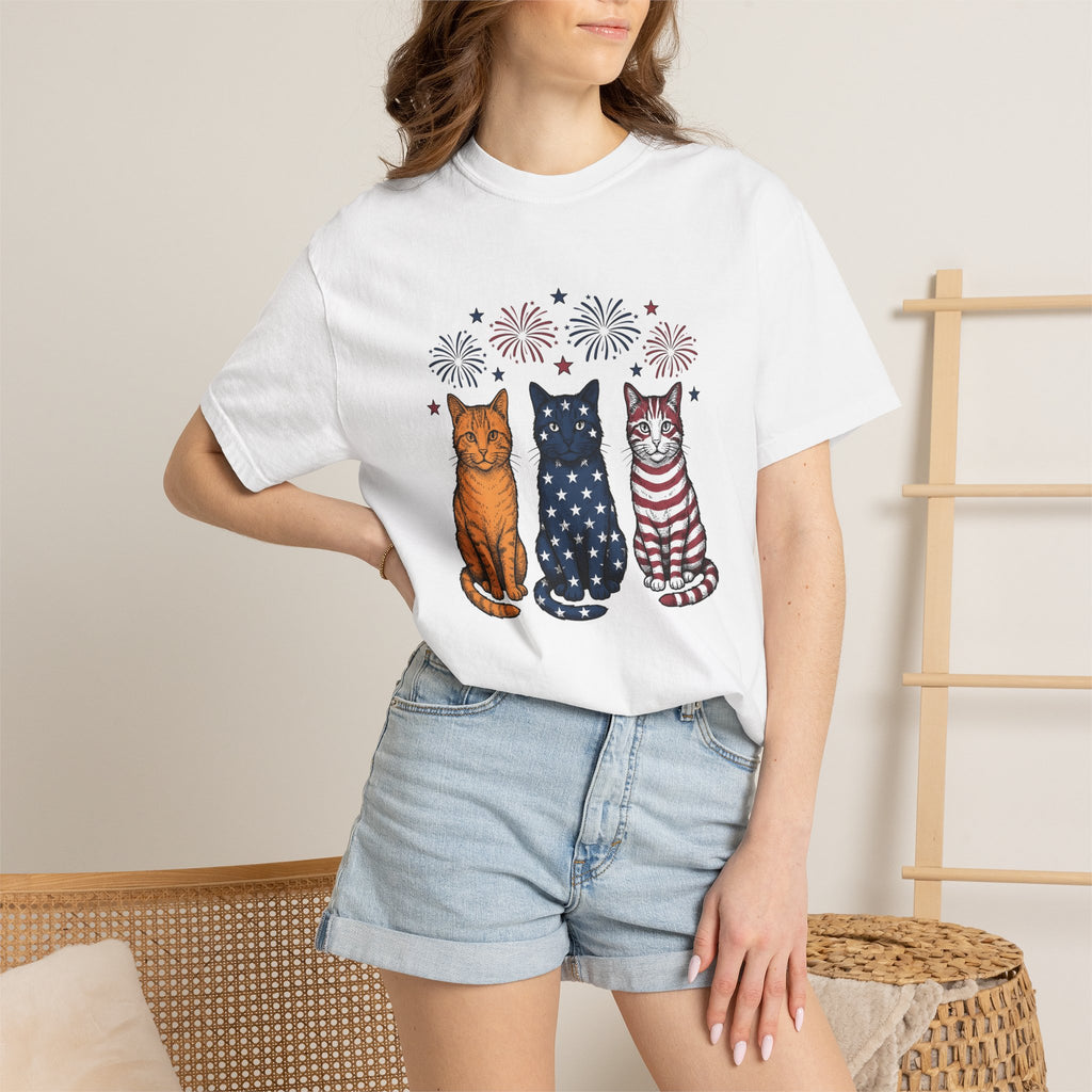 American Cats Shirt 4th Of July Kitten Gift Women Sketch Tee Felines T-Shirt Independence Day Fan Cat Illustration Retro Sparklers Tshirt