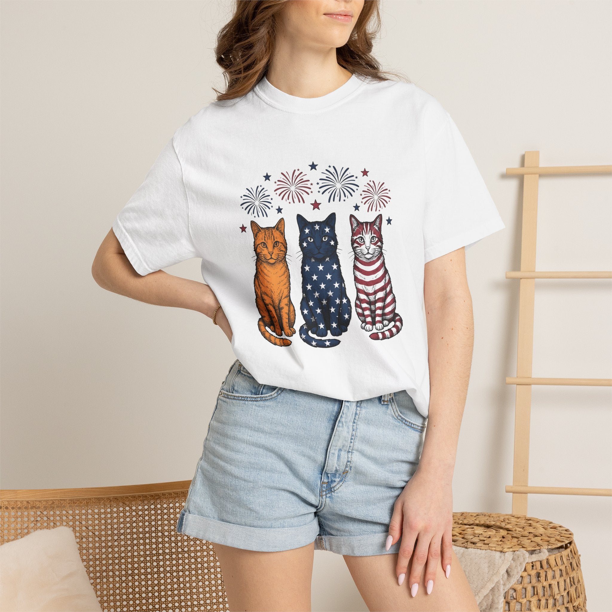 American Cats Shirt 4th Of July Kitten Gift Women Sketch Tee Felines T-Shirt Independence Day Fan Cat Illustration Retro Sparklers Tshirt