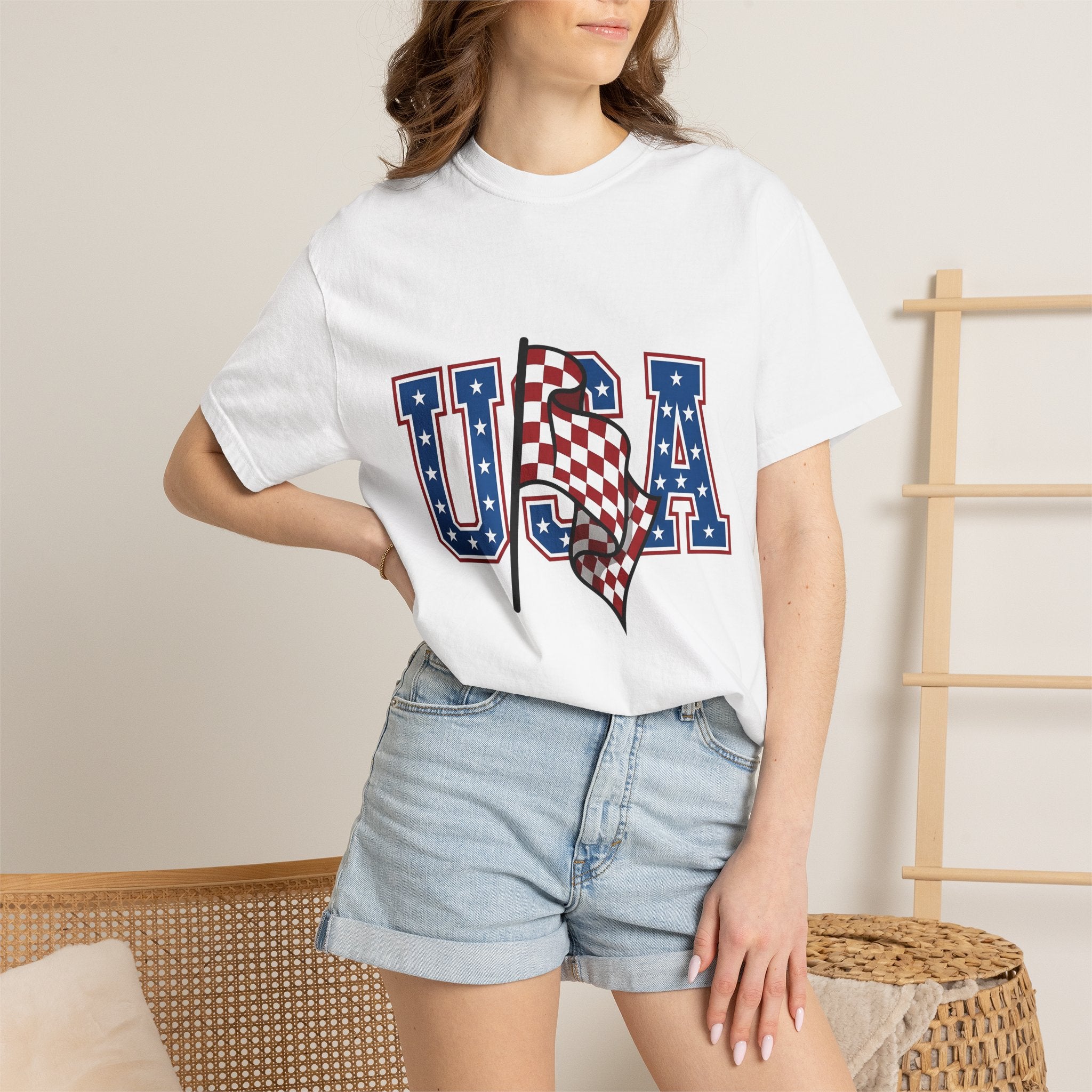 Checkered Banner Shirt America Cars Gift Women Classic Americana Tee Bunting T-Shirt American Enthusiast Vintage Tshirt Automotive Graphic