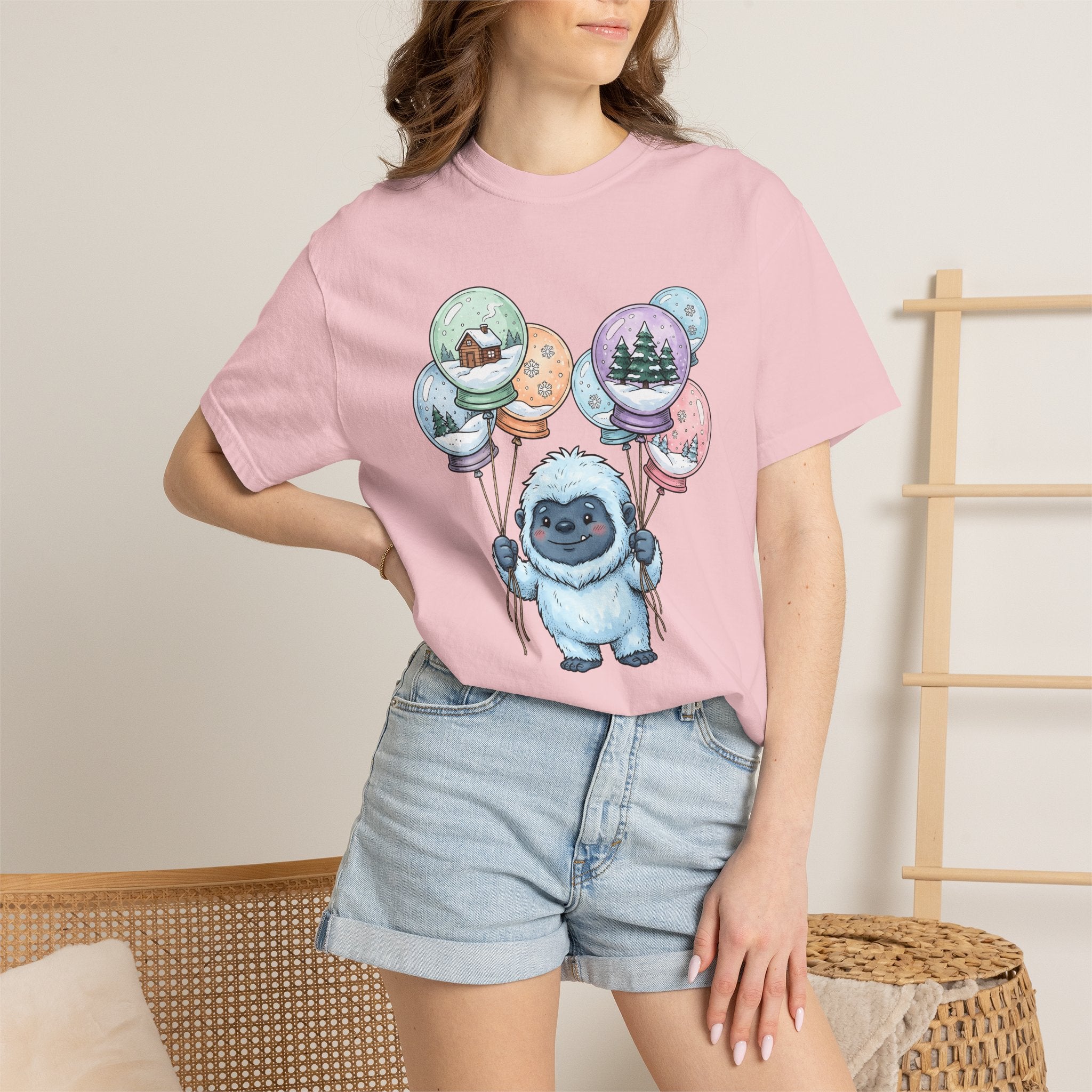 Bigfoot Snow Globe Shirt Cute Cold Gift Women Illustrated Tee Sasquatch T-Shirt Adorable Fan Illustrated Tshirt Frosty Graphic Line Art