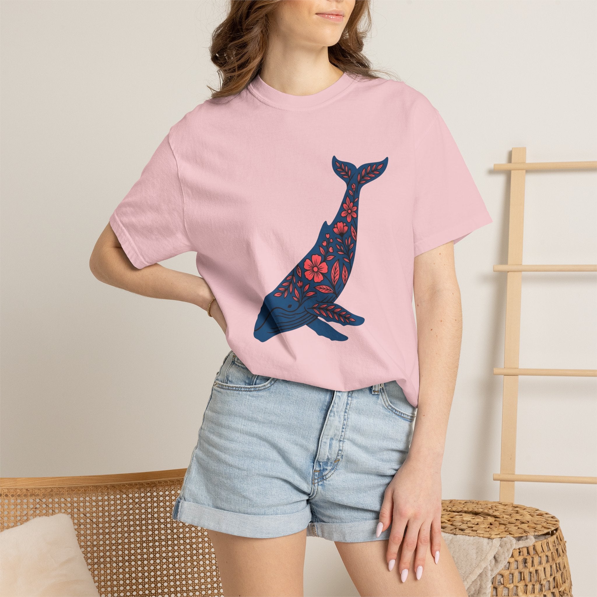 Whale Blossom Shirt Animals Aquatic Gift Women Rustic Tee Whale Flower T-Shirt Wildlife Fan Marine Graphic Tshirt Sleek Plant Tshirt