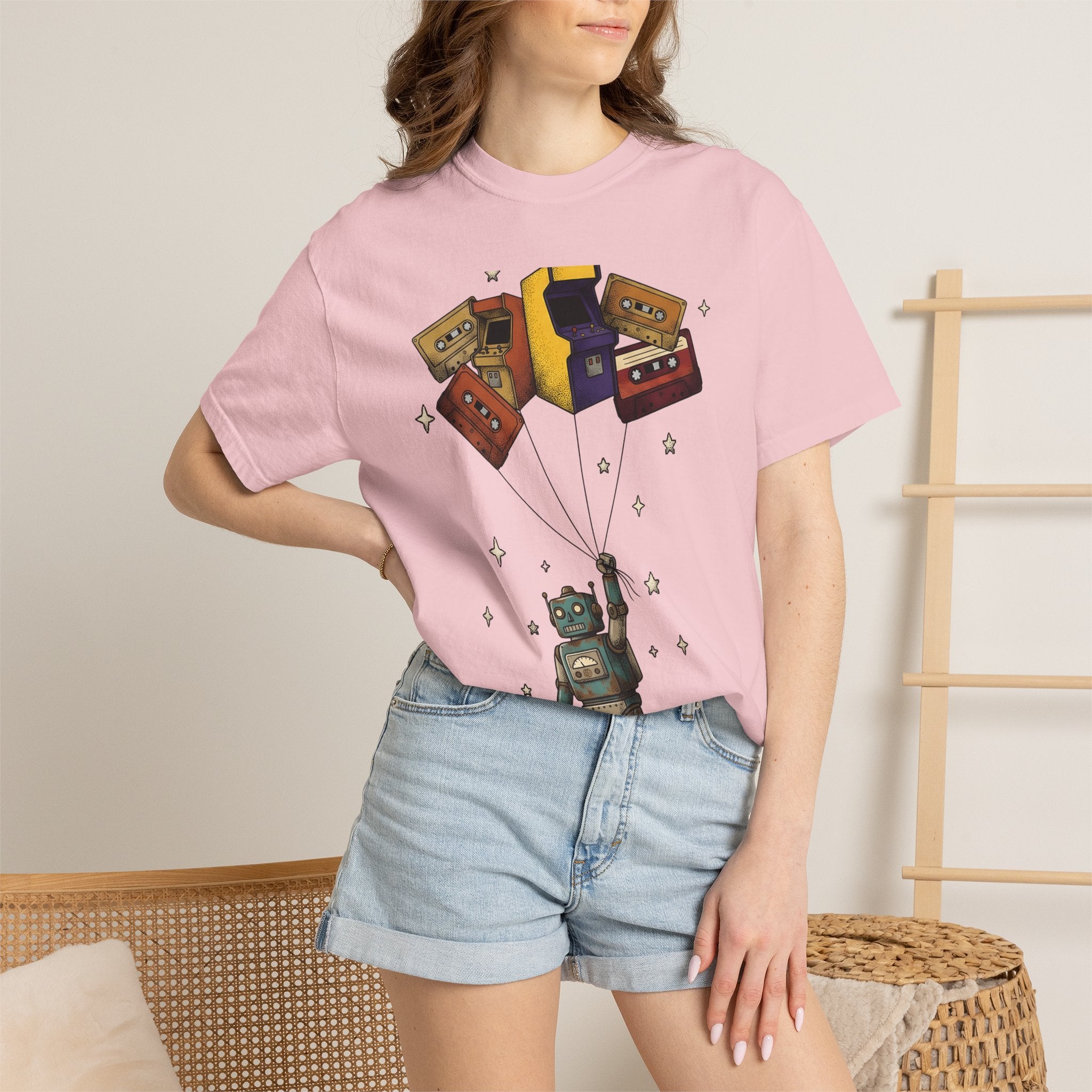 Robot Balloons Shirt Retro Audio Gift Women Hand Drawn Tee Balloon Robots T-Shirt Vintage Fan Illustrated Tshirt Sound Graphic Sketch Gaming
