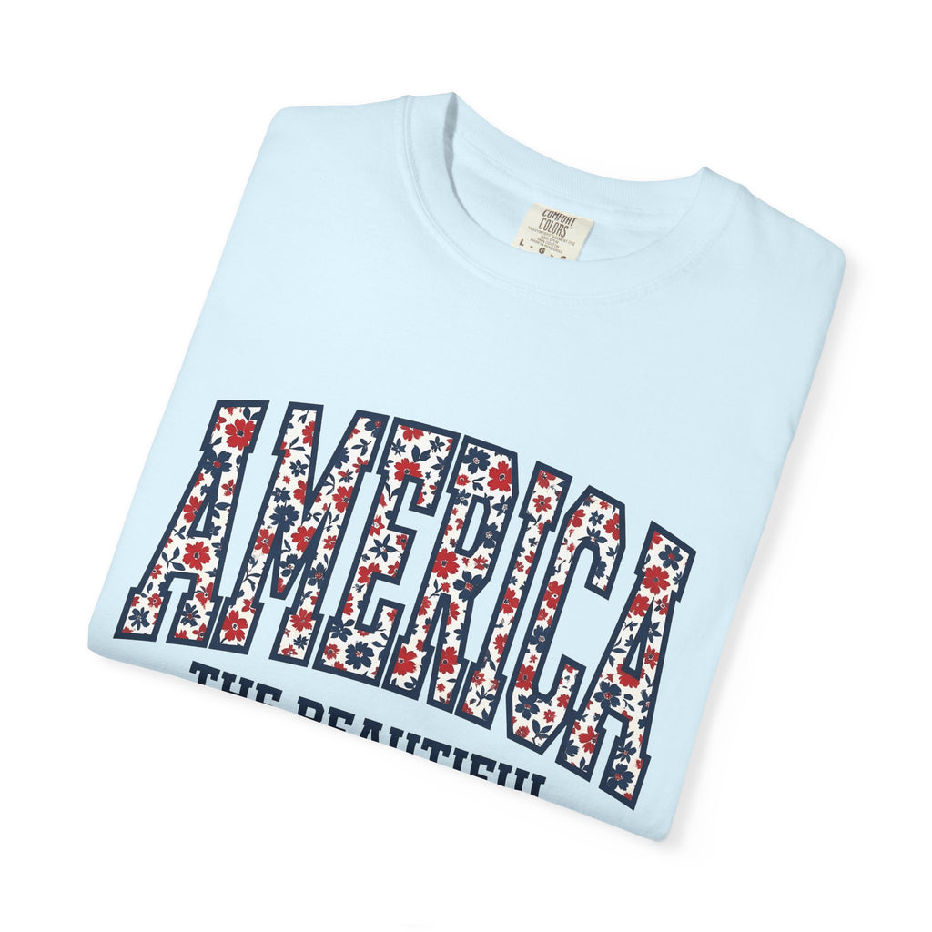 Floral Stars Pattern Shirt 4th Of July Patriotic Gift Women Vintage Tee Floral T-Shirt Independence Fan Distressed Graphic Tshirt Retro Red