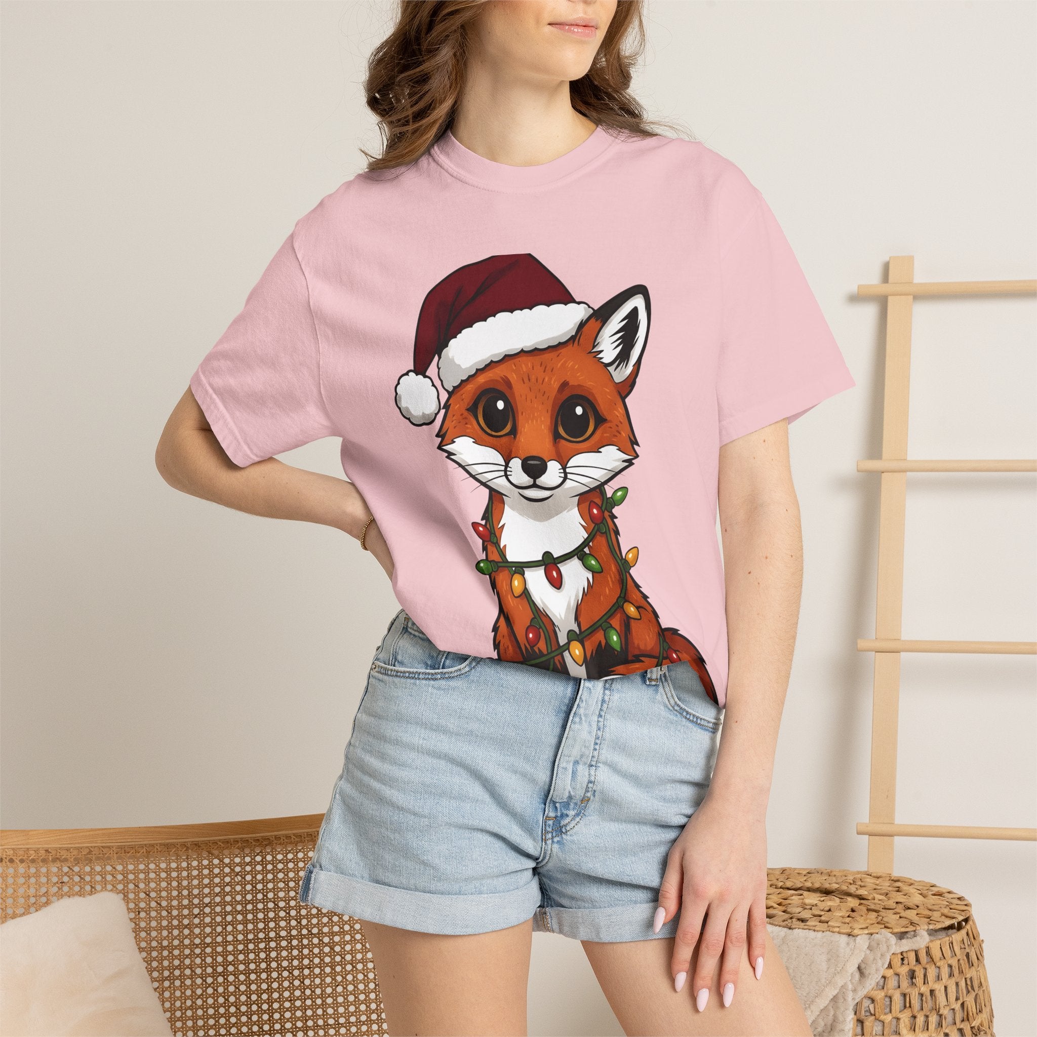 Fox Santa Hat Shirt Christmas Animal Gift Women Cartoon Tee Fox T-Shirt Xmas Fan Fox Graphic Kawaii Christmas Lights Tshirt