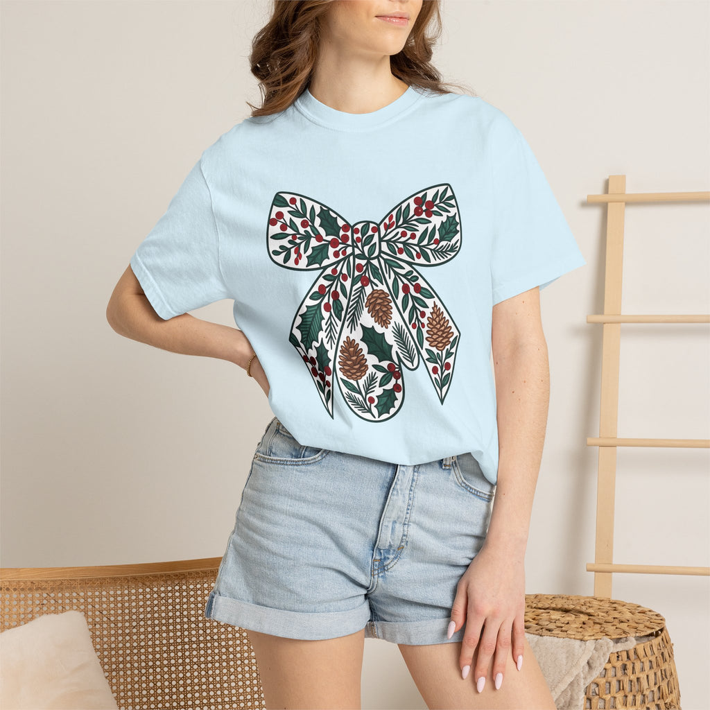 Christmas Bow Shirt Christmas Seasonal Gift Women Floral Tee Ribbon T-Shirt Xmas Fan Holiday Tshirt Winter Graphic Sketch Cone Tshirt