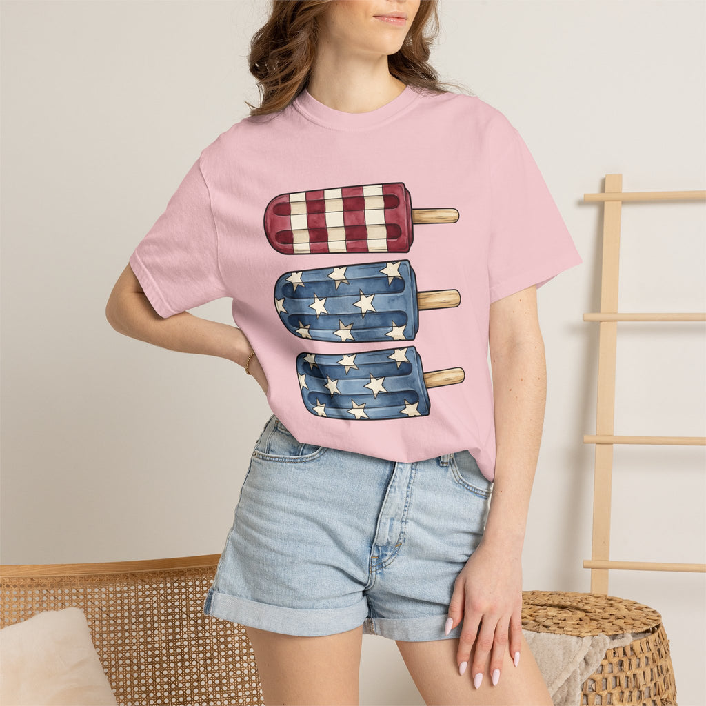 Patriotic Popsicles Shirt 4th Of July Summer Gift Women Watercolor Tee Ice Pops T-Shirt Independence Day Fan Popsicle Graphic Summer Design