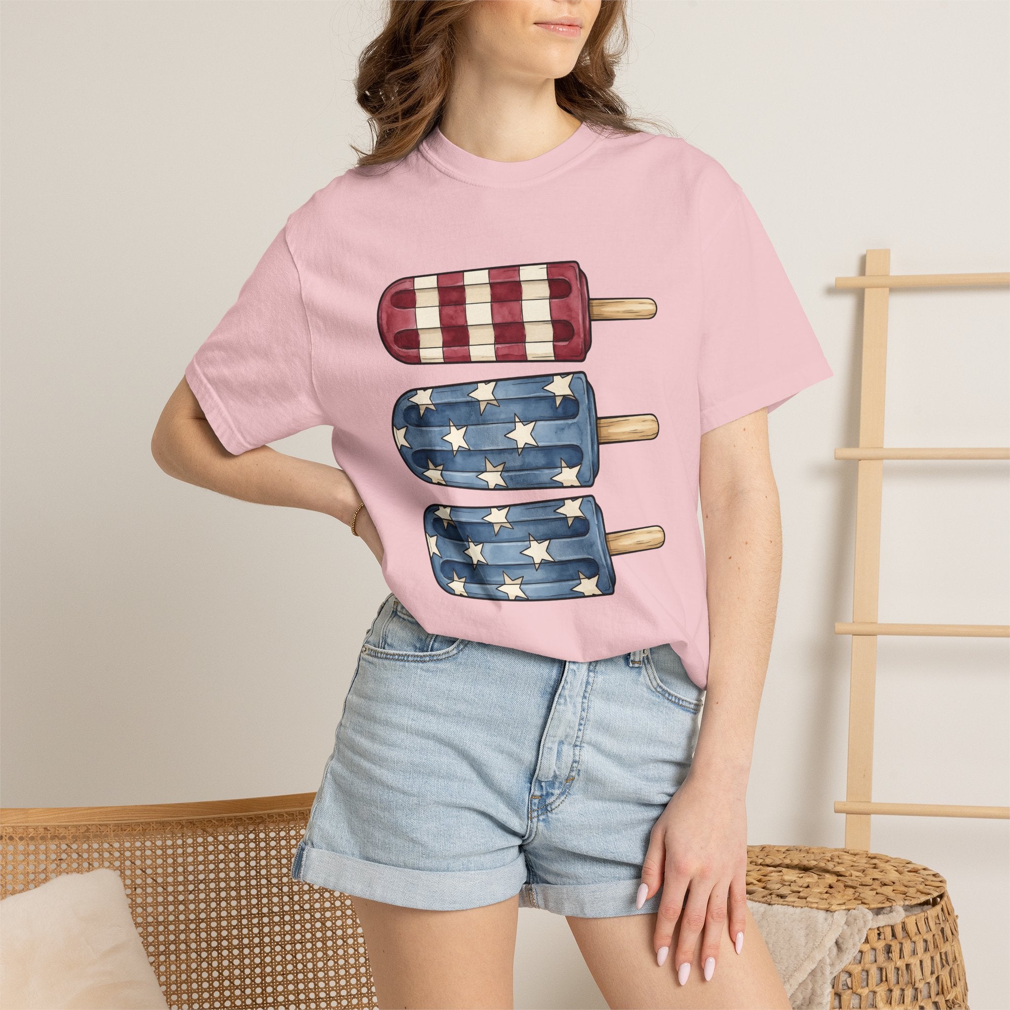 Patriotic Popsicles Shirt 4th Of July Summer Gift Women Watercolor Tee Ice Pops T-Shirt Independence Day Fan Popsicle Graphic Summer Design