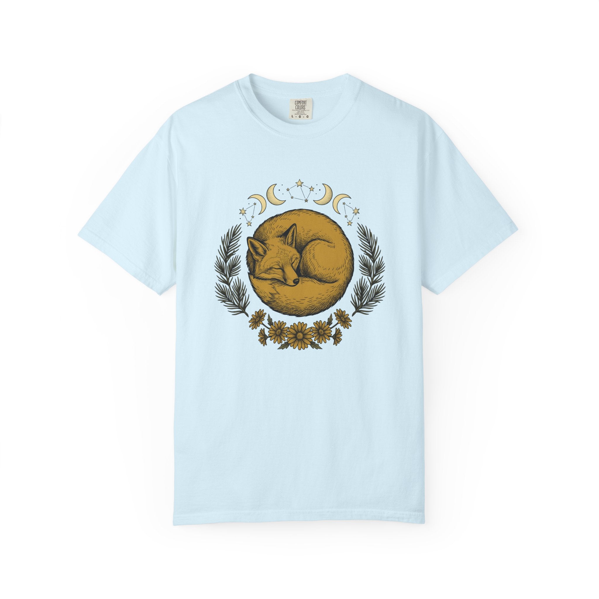 Curled Fox Shirt Boho Chic Outdoors Gift Women Tribal Tee Fox T-Shirt Bohemian Fan Primitive Tshirt Wilderness Graphic Line Art Moon Phases