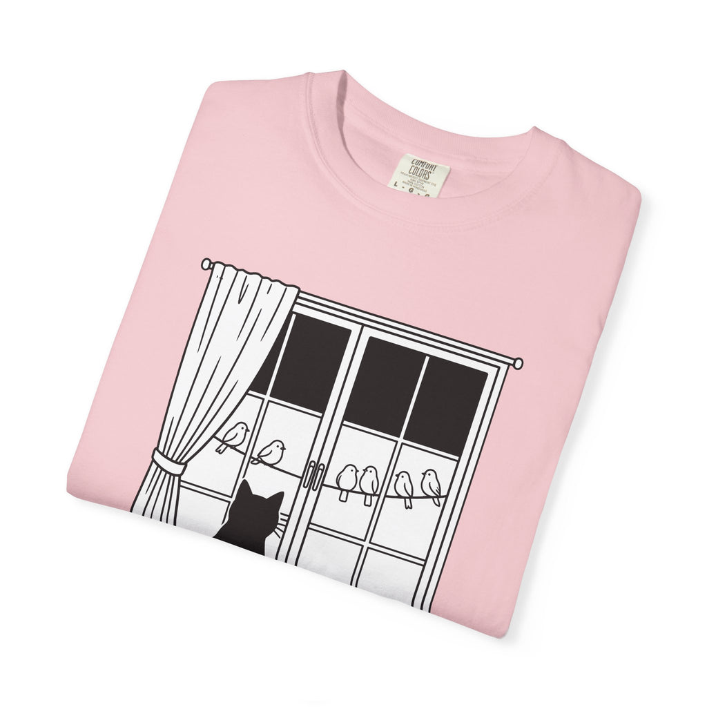 Cat Window Shirt Cat Animals Gift Women Simple Tee Perch T-Shirt Cat Fan Minimalist Tshirt Wildlife Graphic Outline Birds Tshirt