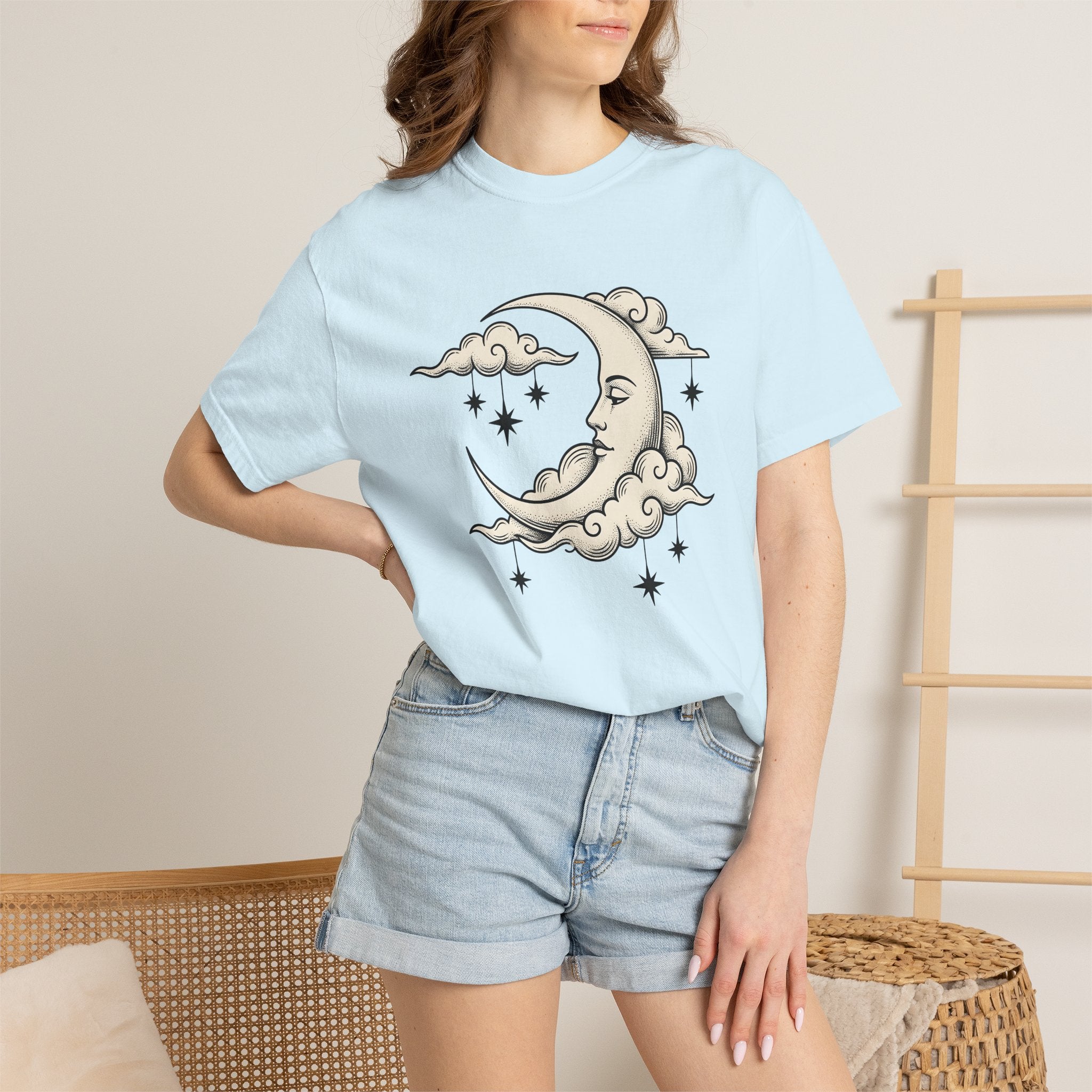 Moon Face Shirt Boho Chic Constellations Gift Women Starry Tee Lunar T-Shirt Bohemian Fan Celestial Graphic Tshirt Sketch Shining Stars