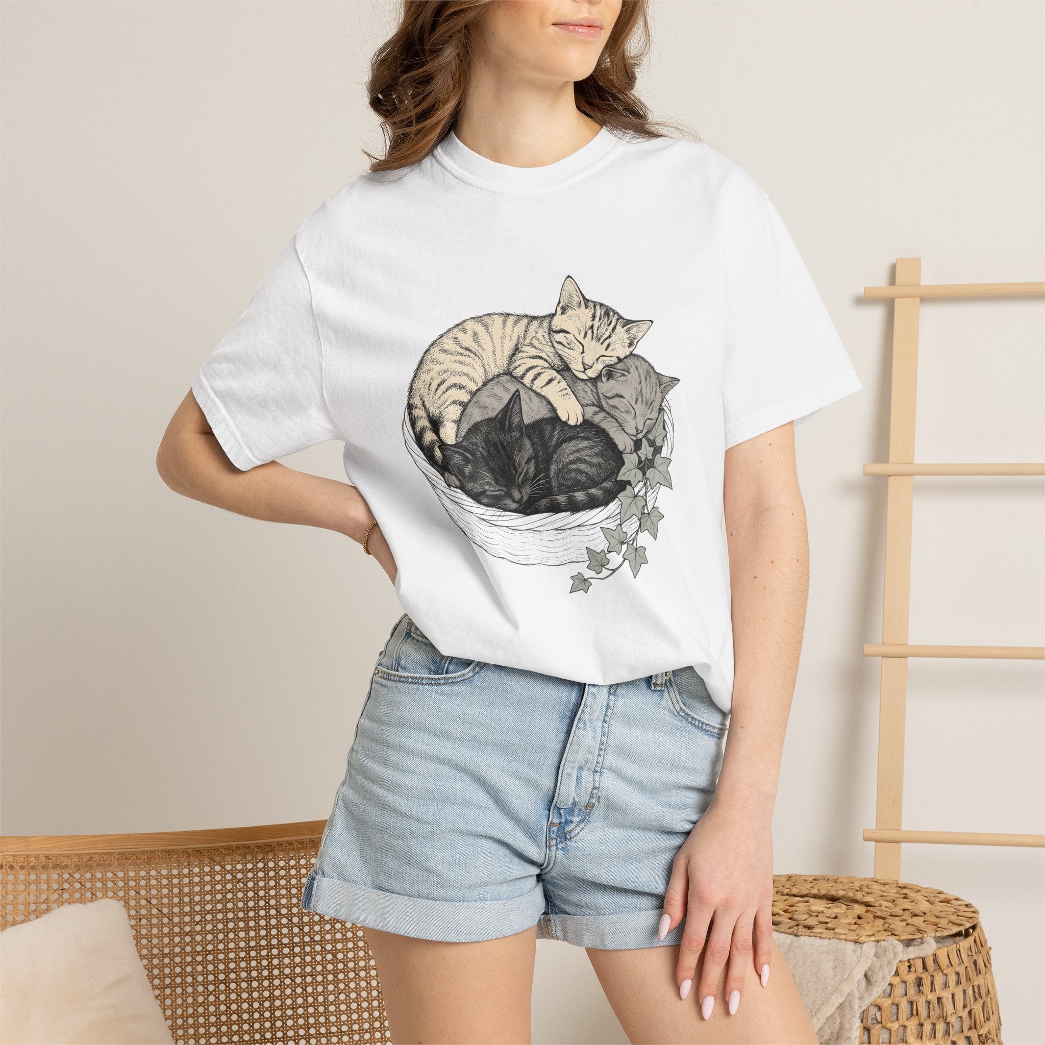 Napping Cats Shirt Cat Wildlife Gift Women Line Art Tee Kittens T-Shirt Cat Fan Feline Tshirt Wildlife Graphic Cartoon Climbing Leaves