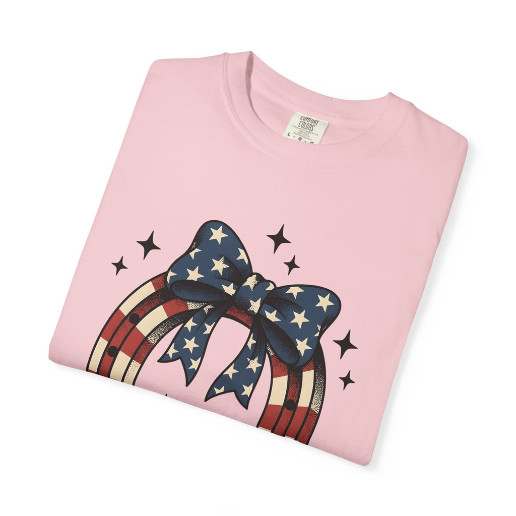 Patriotic Horseshoe Shirt 4th Of July Western Gift Women Vintage Tee Horseshoe T-Shirt Independence Day Fan Distressed Tshirt Cowboy Graphic