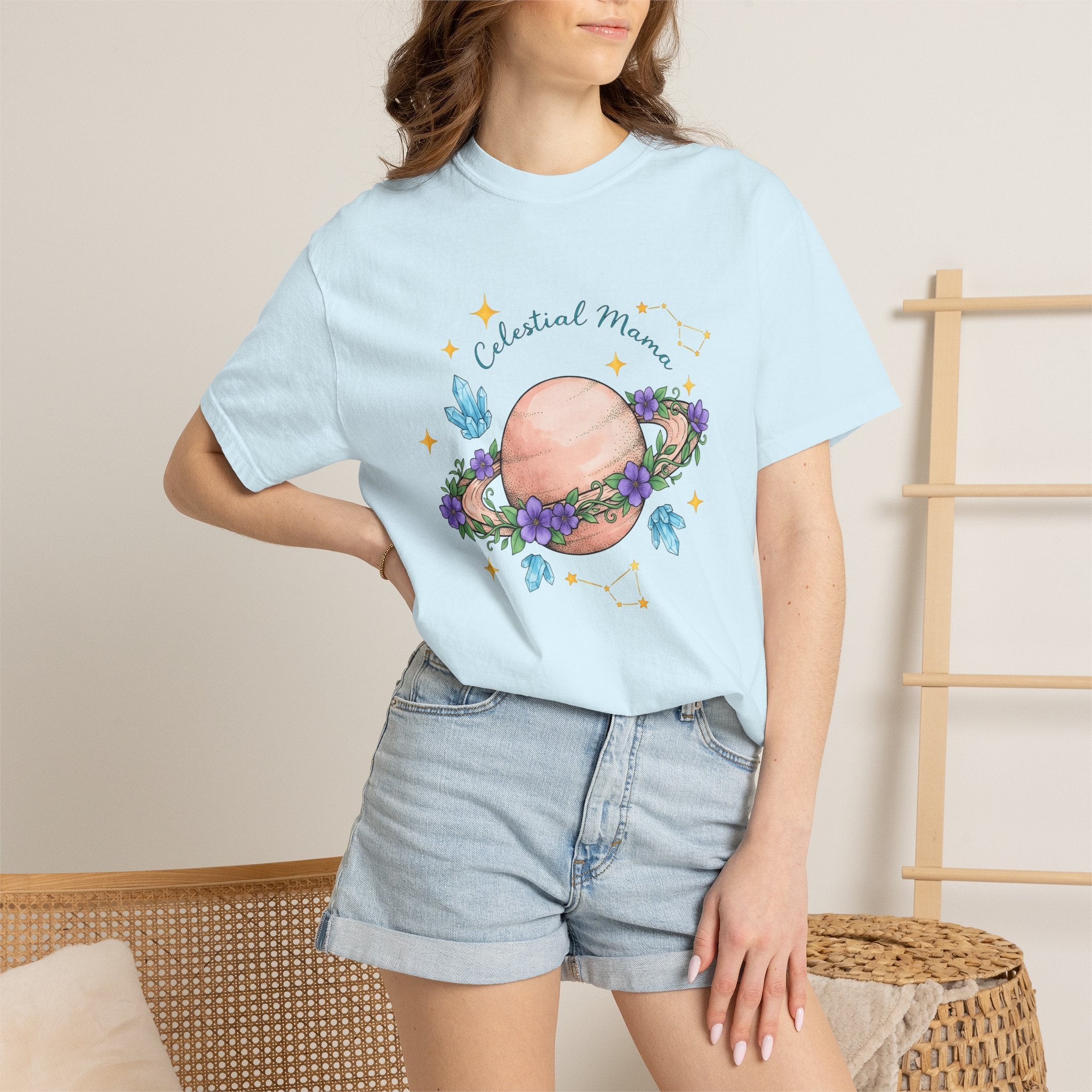 Flower Planet Shirt Boho Chic Astrology Gift Women Fantasy Tee Galaxy T-Shirt Bohemian Enthusiast Mystical Tshirt Zodiac Graphic Brushstroke