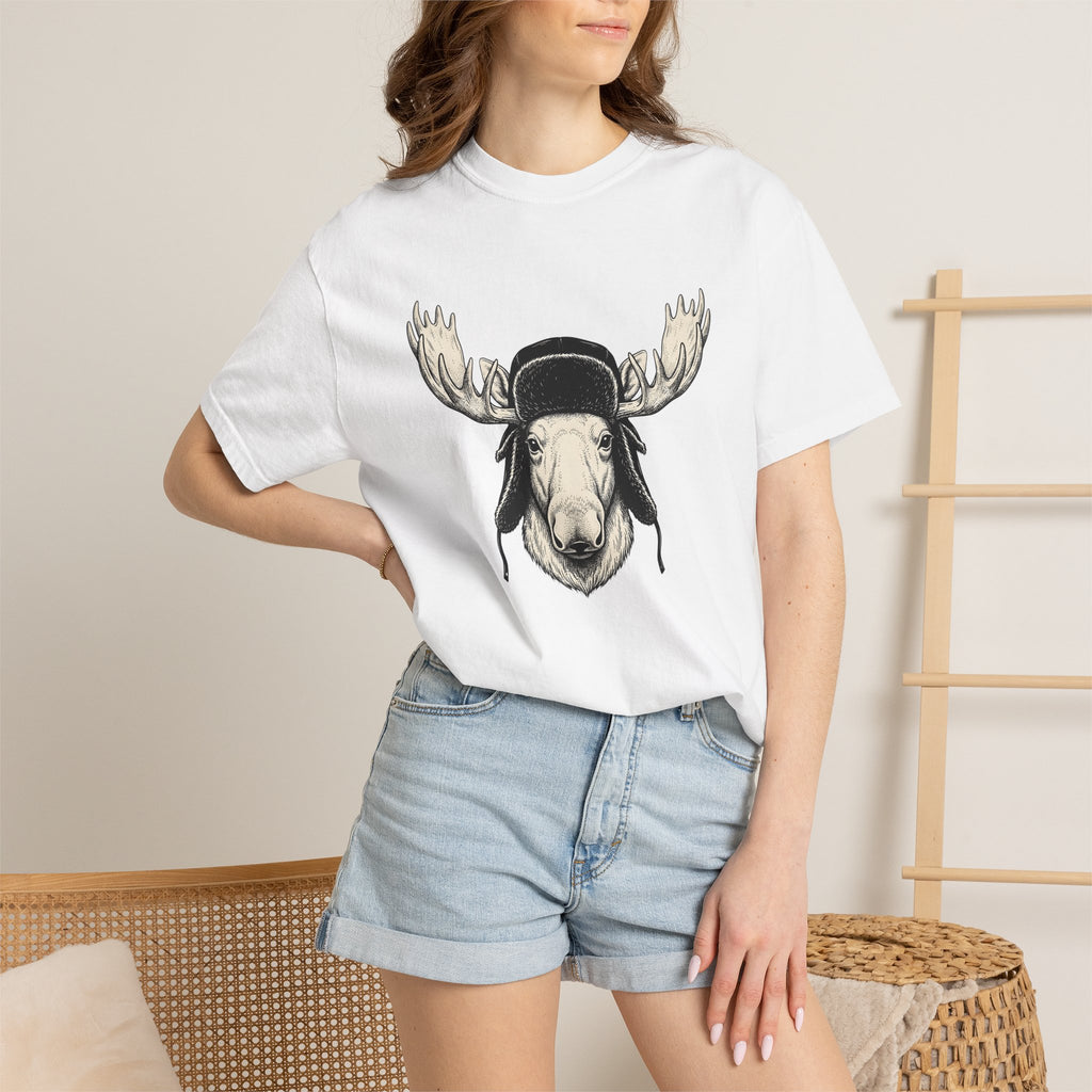 Moose Beanie Shirt Animals Hiking Gift Women Line Art Tee Elk T-Shirt Wildlife Enthusiast Illustration Graphic Trekking Design Hand Drawn