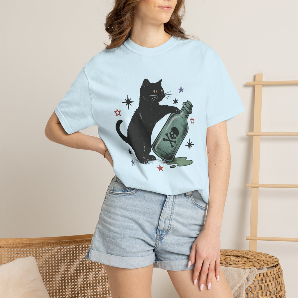 Black Feline Shirt Cat Occult Gift Women Neo Traditional Tee Cat T-Shirt Cat Fan Faux Tshirt Mystic Graphic Old School Poison Vial Tshirt