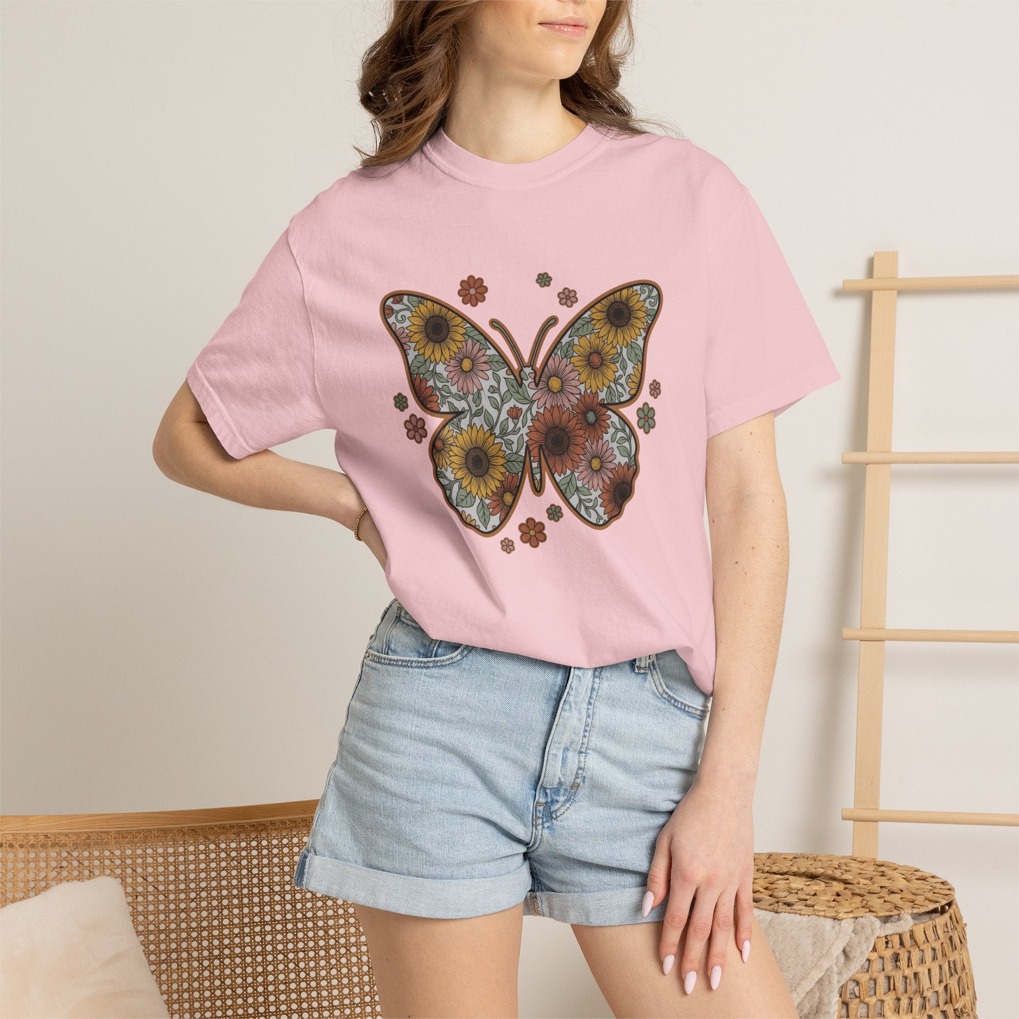 Butterfly Bloom Shirt Easter Garden Gift Women Tribal Tee Butterfly T-Shirt Spring Fan Ethnic Tshirt Yard Graphic Hand Drawn Marigold Tshirt