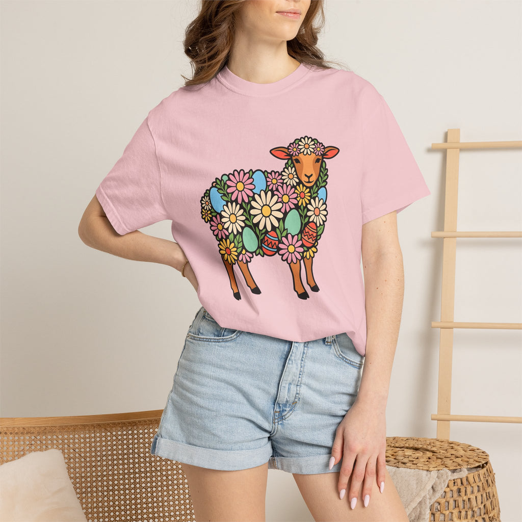 Lamb Floral Shirt Easter Spring Gift Women Boho Tee Sheep T-Shirt Easter Fan Hippie Tshirt Floral Graphic Folk Art Easter Eggs Tshirt