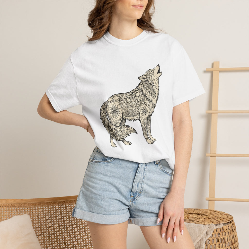 Wolf Emblem Shirt Animals Wildlife Gift Women Tribal Tee Wolf T-Shirt Animal Fan Wolfen Tshirt Wildlife Graphic Doodle Bloom Motif Tshirt