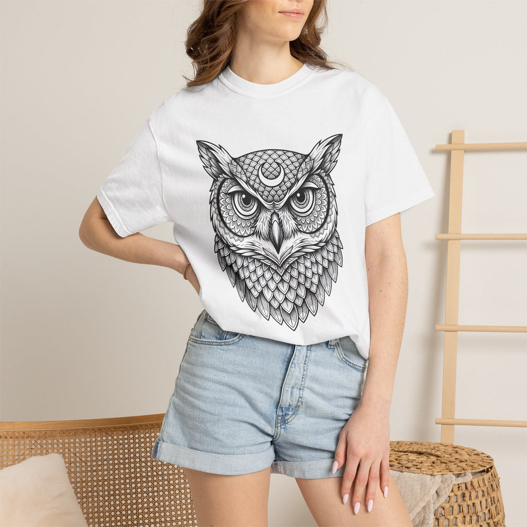 Owl Head Shirt Boho Chic Animal Gift Women Boho Tee Owl T-Shirt Bohemian Fan Hoot Graphic Mandala Crescent Moon Tshirt