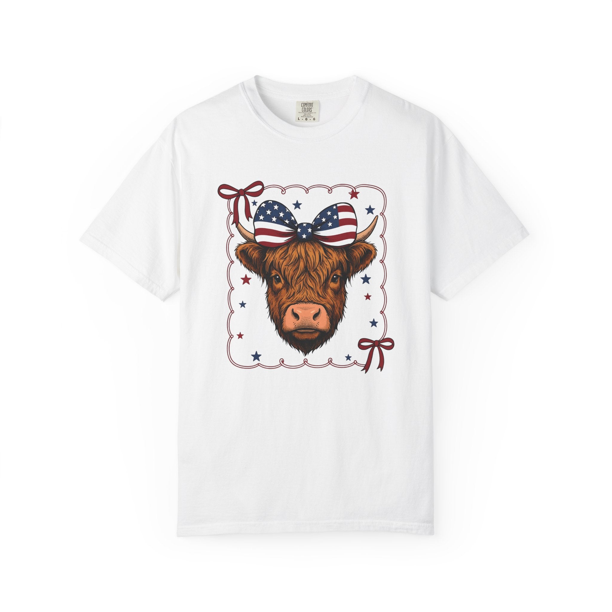 Scottish Cow Shirt America Agriculture Gift Women Retro Tee Highland Cow T-Shirt American Fan Vintage Tshirt Farming Graphic Sketch Flag Bow