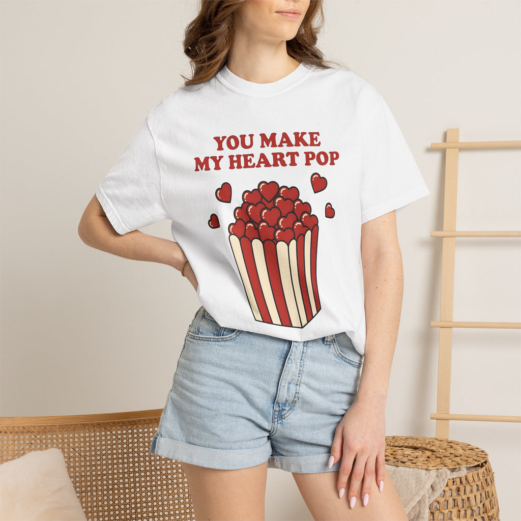 Heart Popcorn Shirt St. Valentine's Day Couples Gift Women Cartoon Tee Popcorn T-Shirt Valentine Fan Comic Tshirt Partner Graphic Retro