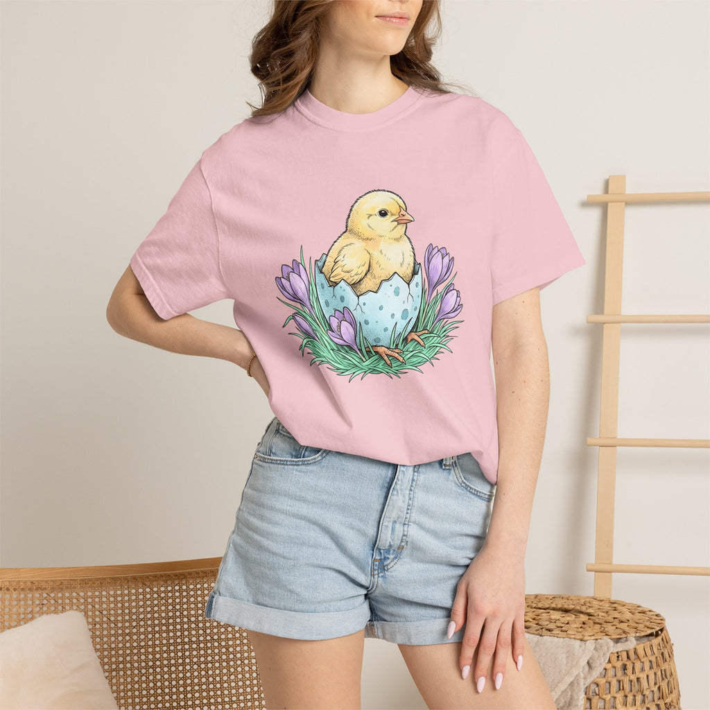 Chick Bird Shirt Easter Creature Gift Women Line Art Tee Hen T-Shirt Easter Fan Minimalist Tshirt Animal Graphic Cartoon Flower Bouquet