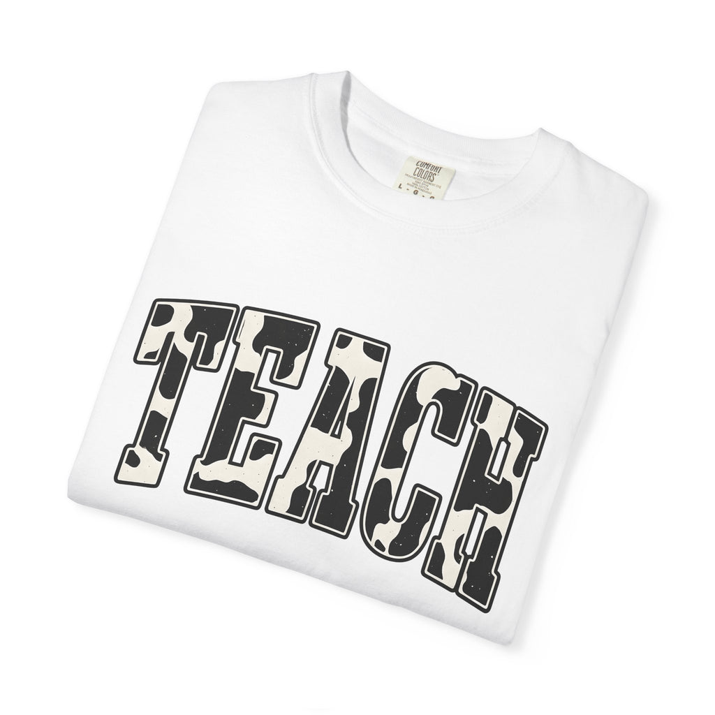 Cow Print Text Shirt Teacher Animal Gift Women Bold Tee Typography T-Shirt Educator Enthusiast Graphic Design Wildlife Graphic Retro Animal