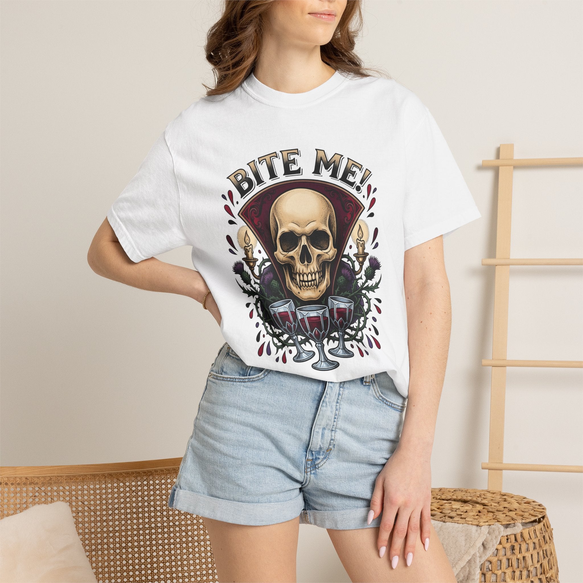 Skull Illustration Shirt Halloween Bloodsucker Gift Women Dark Tee Skull T-Shirt Horror Fan Gothic Tshirt Vampire Graphic Retro Wine Goblets