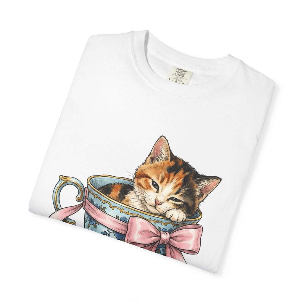 Kitten Teacup Shirt Cat Floral Gift Women Vintage Tee Kitten T-Shirt Cat Fan Retro Tshirt Floral Graphic Hand Drawn Pink Bow Tshirt