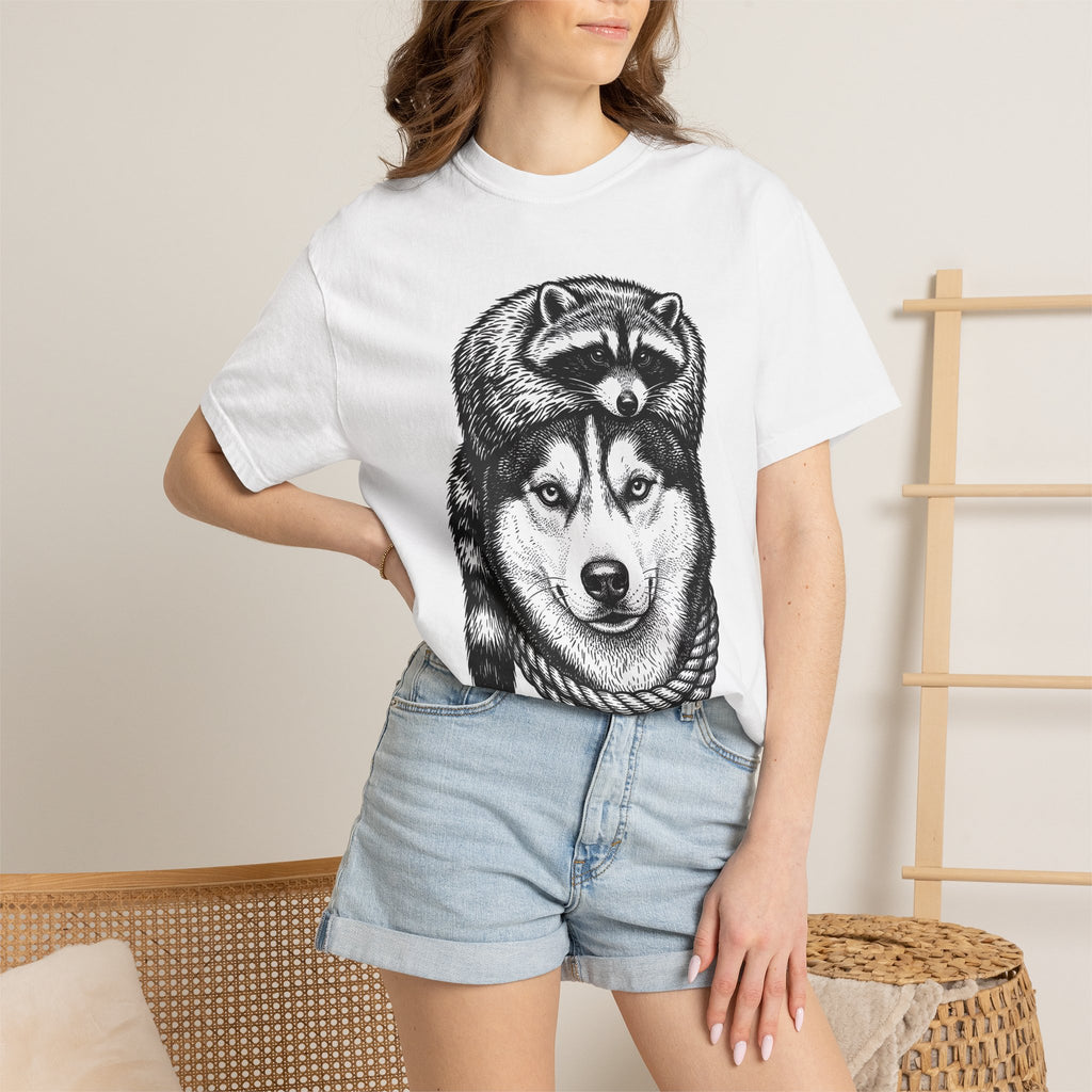 Husky Raccoon Shirt Dog Animals Gift Women Sketch Tee Raccoon Dog T-Shirt Dog Fan Wildlife Graphic Tshirt Retro Knot Tshirt