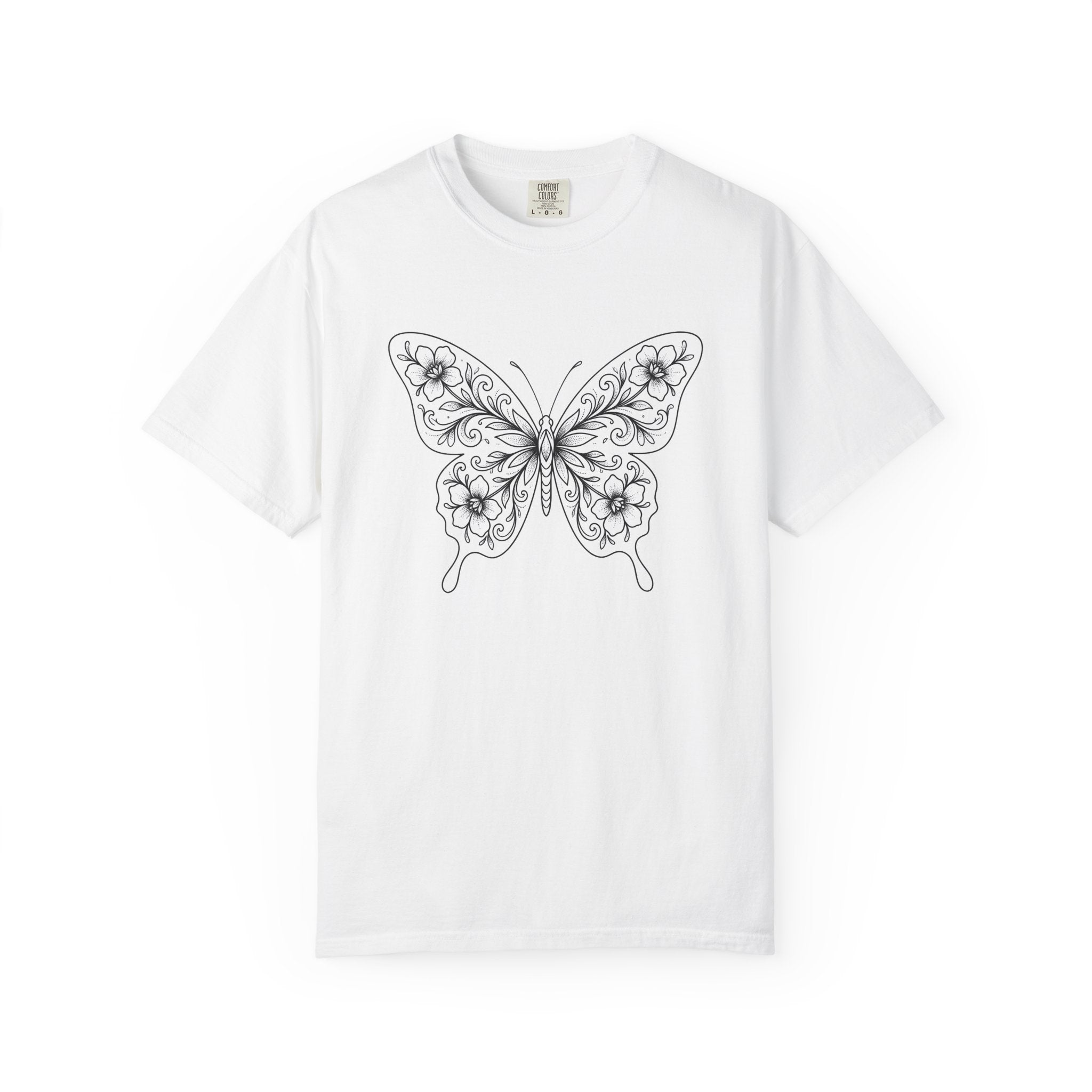 Butterfly Floral Shirt Animals & Flowers Nature Gift Women Line Art Tee Butterfly T-Shirt Wildlife Fan Hand Drawn Tshirt Outdoor Graphic
