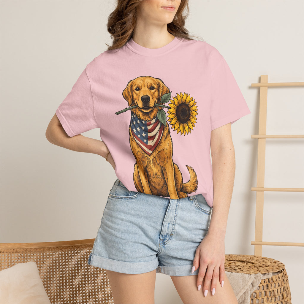 Golden Retriever Shirt Dog Patriotic Gift Women Vintage Tee Retriever T-Shirt Dog Fan Retro Tshirt American Graphic Hand Drawn Sunflower