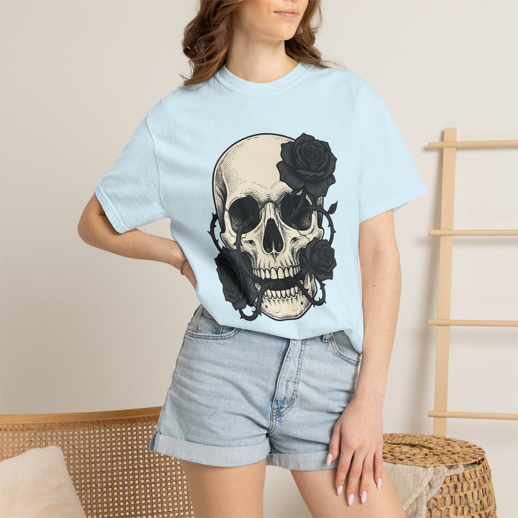 Skull Blossoms Shirt Gothic Greenery Gift Women Hand Drawn Tee Sugar Skull T-Shirt Goth Fan Illustrated Graphic Tshirt Line Art Floral