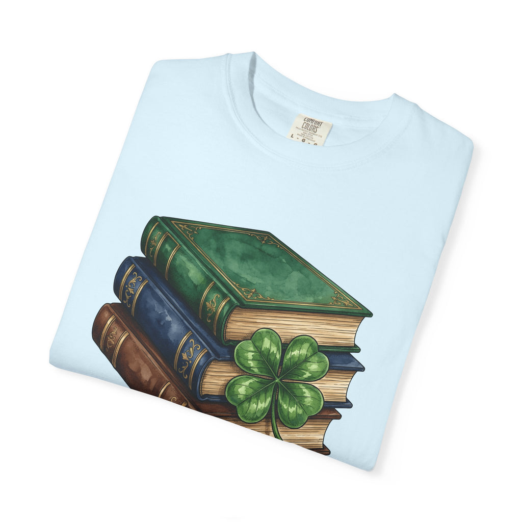 Book Stack Shirt St Patrick's Day Library Gift Women Illustration Tee Bookpile T-Shirt St Patricks Fan Book Art Tshirt Librarian Graphic