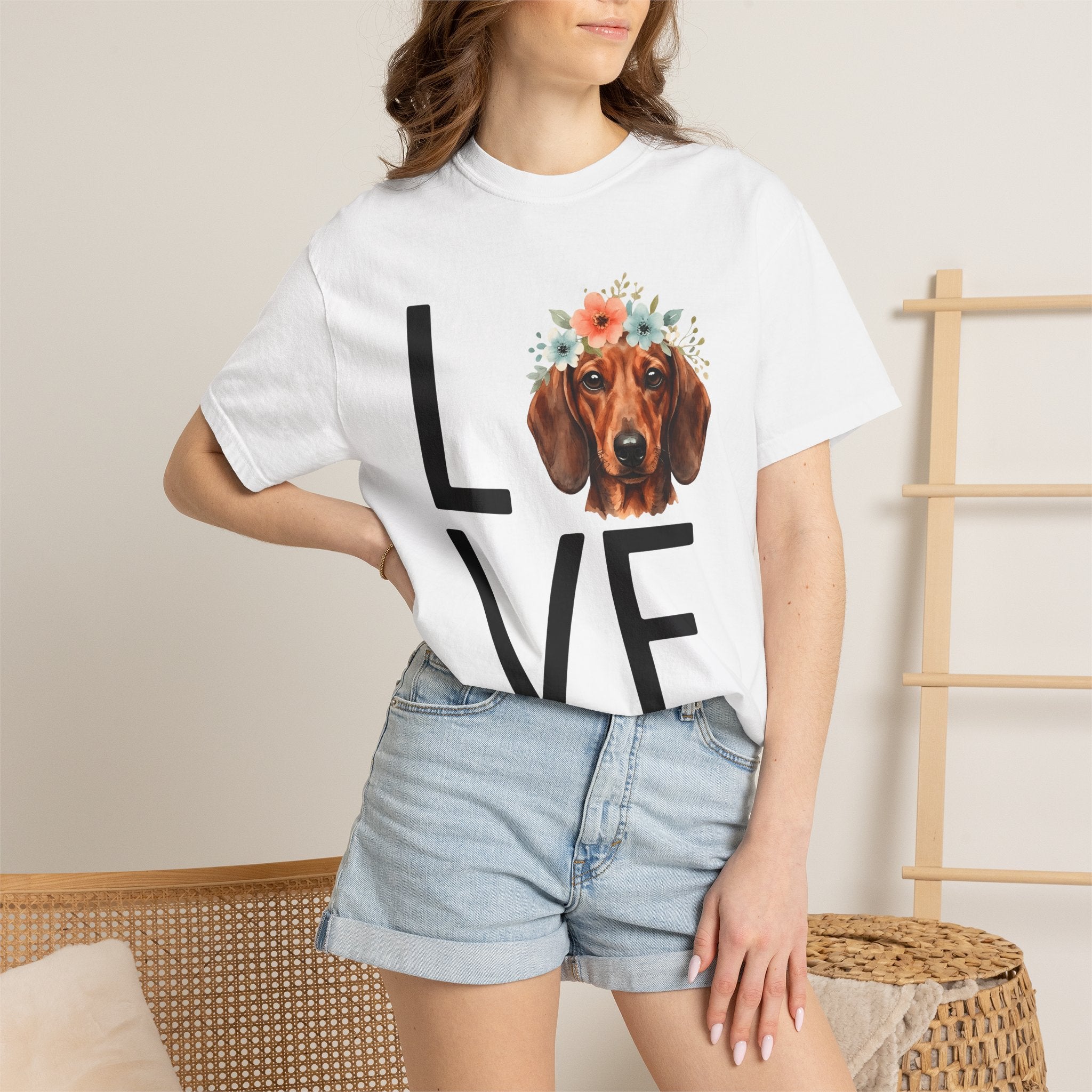 Dachshund Hound Shirt Dog Garden Gift Women Painted Tee Wiener Dog T-Shirt Dog Fan Hand Painted Tshirt Gardening Graphic Clean Lines Floral