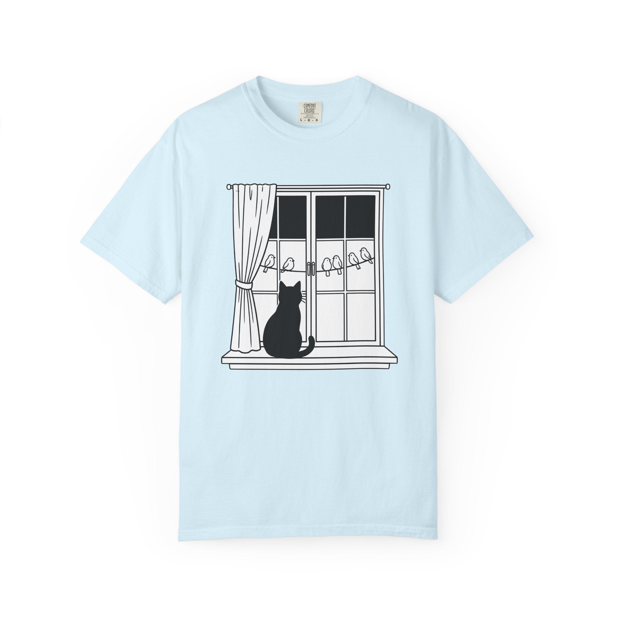 Cat Window Shirt Cat Animals Gift Women Simple Tee Perch T-Shirt Cat Fan Minimalist Tshirt Wildlife Graphic Outline Birds Tshirt