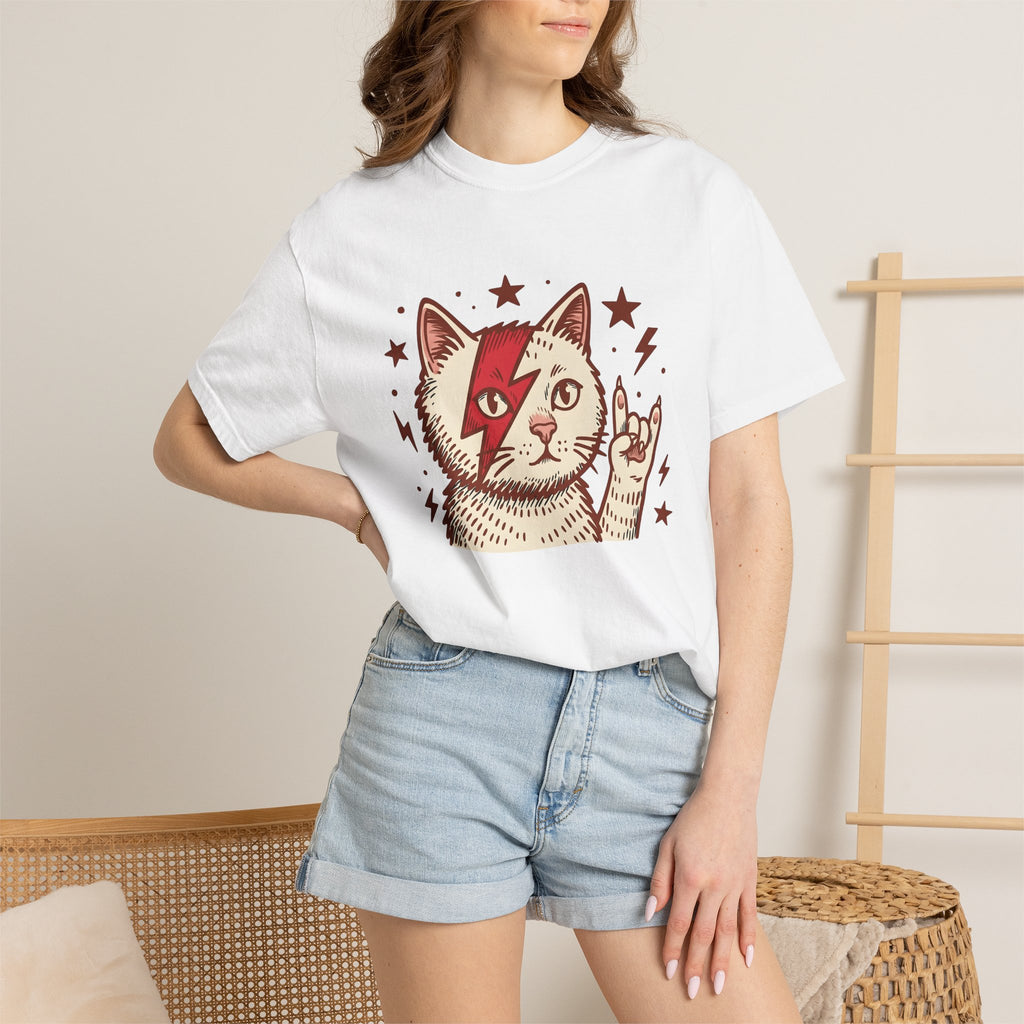 Rock Cat Shirt Cat Music Gift Women Bold Graphic Tee Kitty T-Shirt Feline Fan Graphic Design Musician Graphic Retro Stars Tshirt