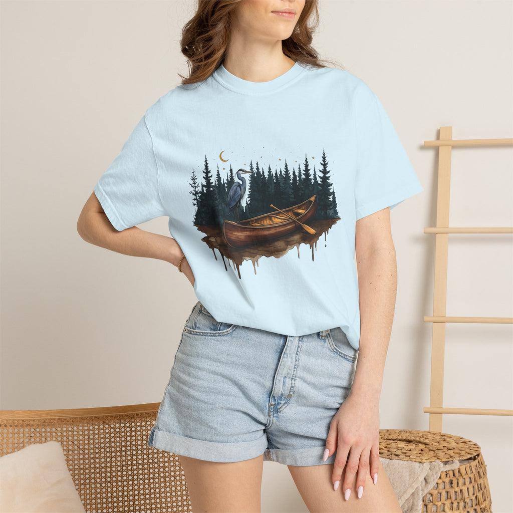Kayak Bird Shirt Camping Exploration Gift Women Sketch Tee Heron T-Shirt Camper Fan Hand Drawn Tshirt Adventure Graphic Retro Fir Trees