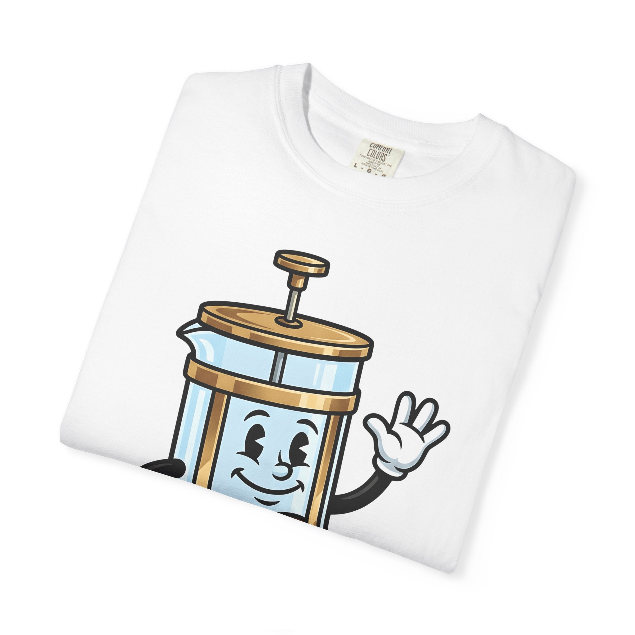 French Press Character Shirt Coffee Foodie Gift Women Cartoon Tee Cafetiere T-Shirt Coffee Fan Comic Tshirt Gourmet Graphic Retro Walking