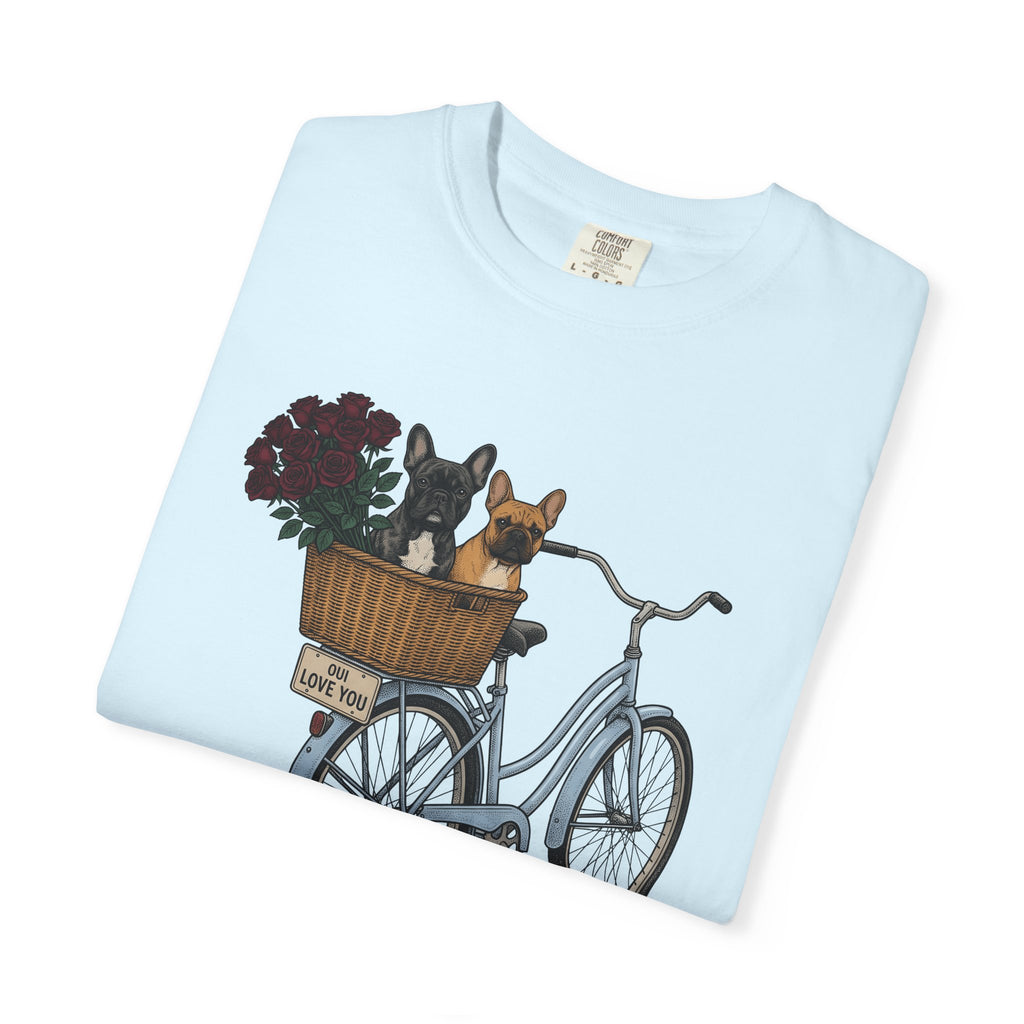 Frenchie Bike Shirt Valentines Day Puppy Gift Women Rustic Tee Bicycle T-Shirt Valentine Fan Rustic Tshirt Dog Graphic Line Art Garden Rose
