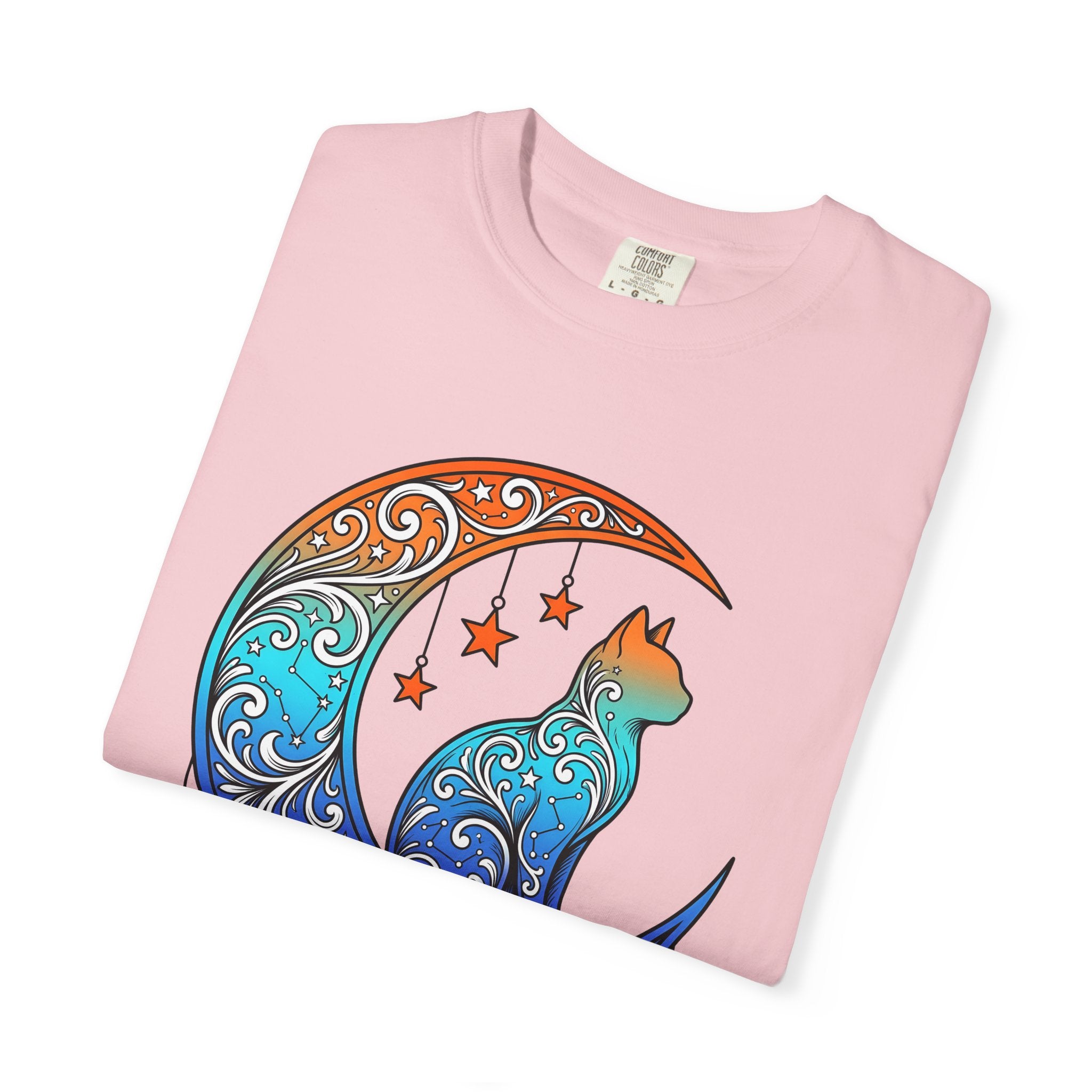 Celestial Cat Shirt Cat Moon Gift Women Boho Tee Kitty T-Shirt Cat Fan Feline Tshirt Lunar Graphic Psychedelic Stars Tshirt