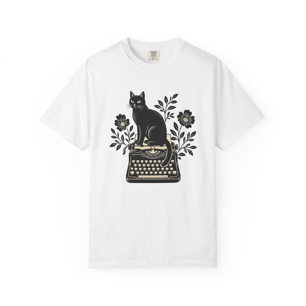 Black Cat Typewriter Shirt Cat Botanical Gift Women Hand Drawn Tee Cat T-Shirt Cat Fan Feline Tshirt Floral Graphic Line Art Flower Bouquet