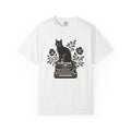 Black Cat Typewriter Shirt Cat Botanical Gift Women Hand Drawn Tee Cat T-Shirt Cat Fan Feline Tshirt Floral Graphic Line Art Flower Bouquet