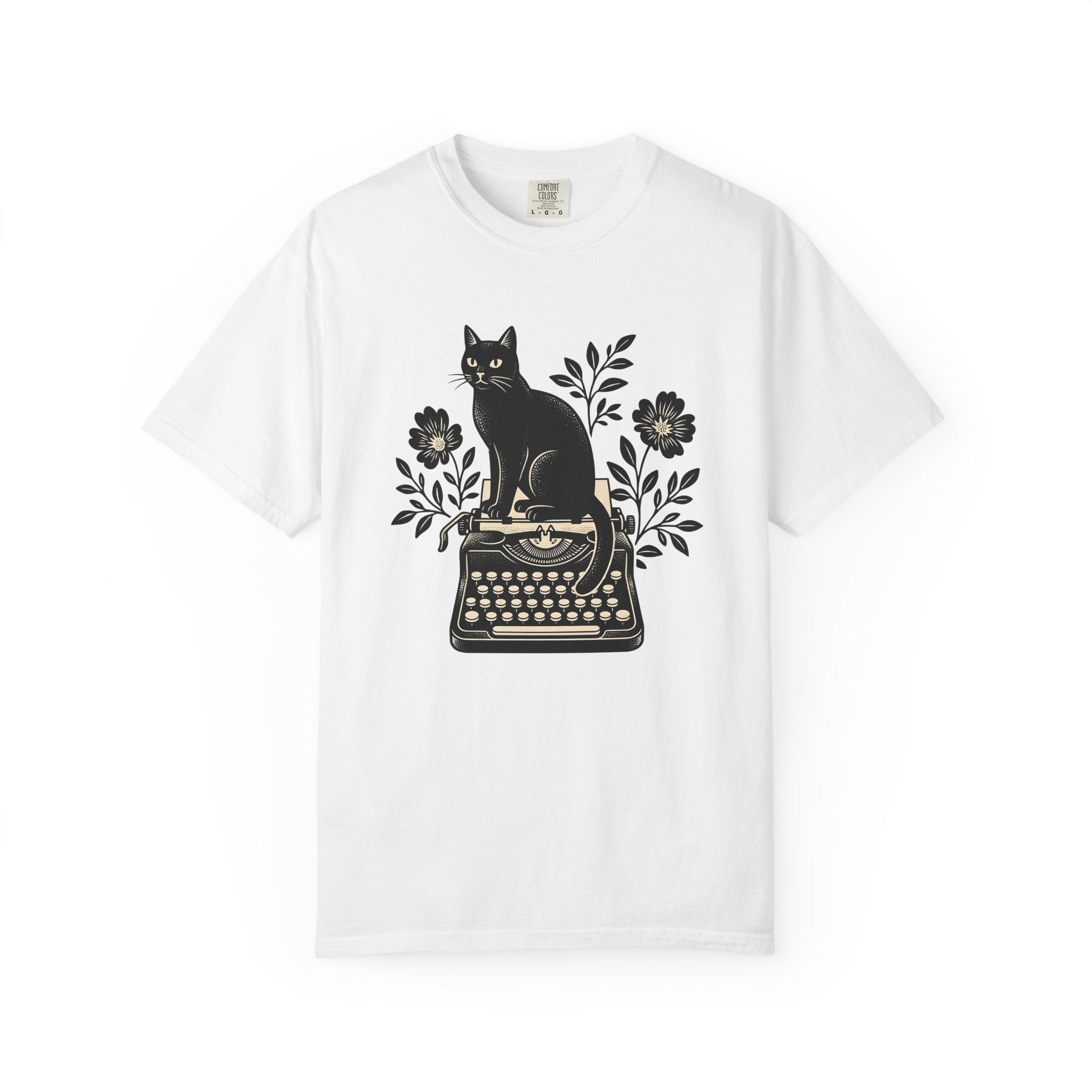 Black Cat Typewriter Shirt Cat Botanical Gift Women Hand Drawn Tee Cat T-Shirt Cat Fan Feline Tshirt Floral Graphic Line Art Flower Bouquet