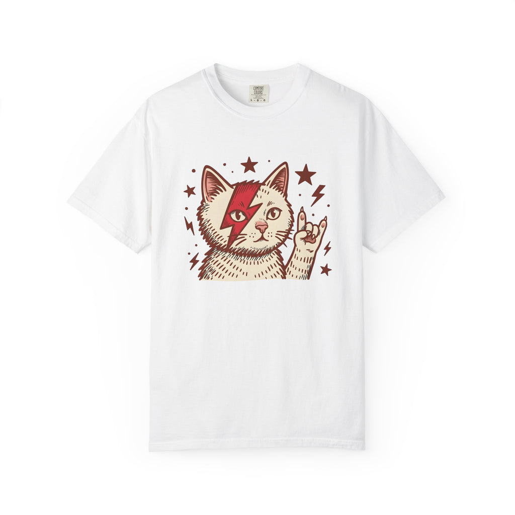Rock Cat Shirt Cat Music Gift Women Bold Graphic Tee Kitty T-Shirt Feline Fan Graphic Design Musician Graphic Retro Stars Tshirt