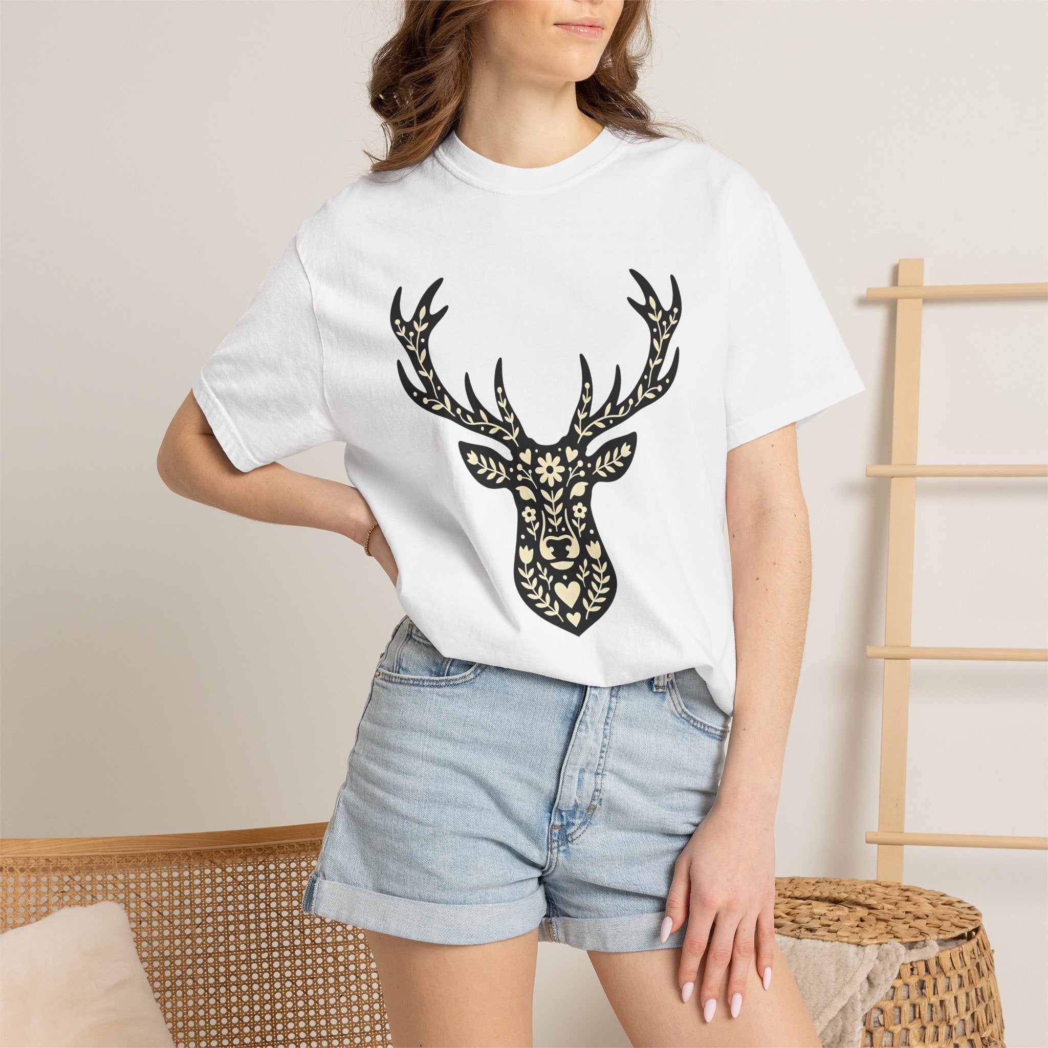 Buck Blossom Shirt Cottagecore Wildlife Gift Women Traditional Tee Flower T-Shirt Rustic Fan Folk Art Tshirt Animal Graphic Clean Greenery