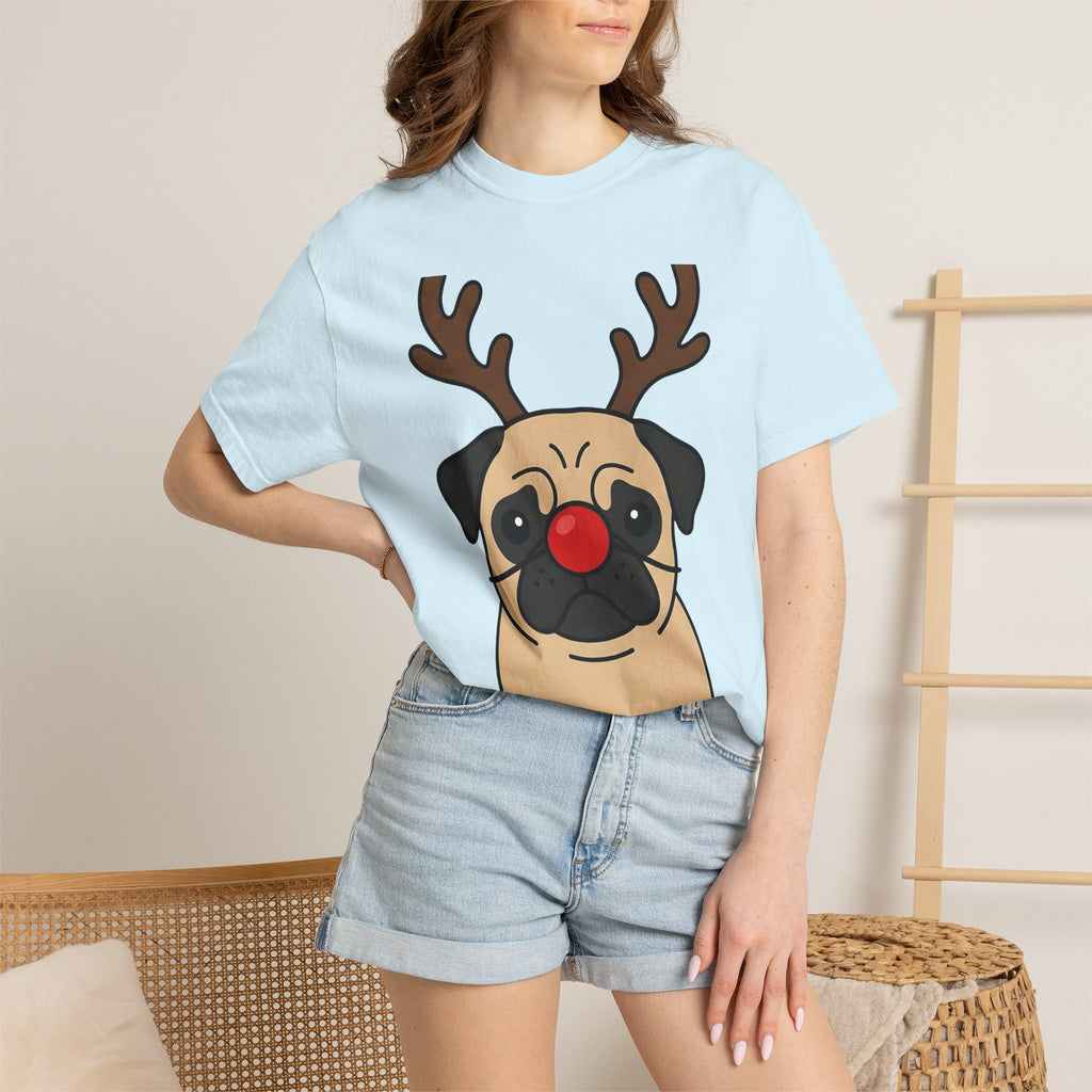 Pug Reindeer Shirt Christmas Dog Gift Women Cartoon Tee Reindeer T-Shirt Xmas Fan Comic Tshirt Dog Graphic Minimalist Red Nose Tshirt